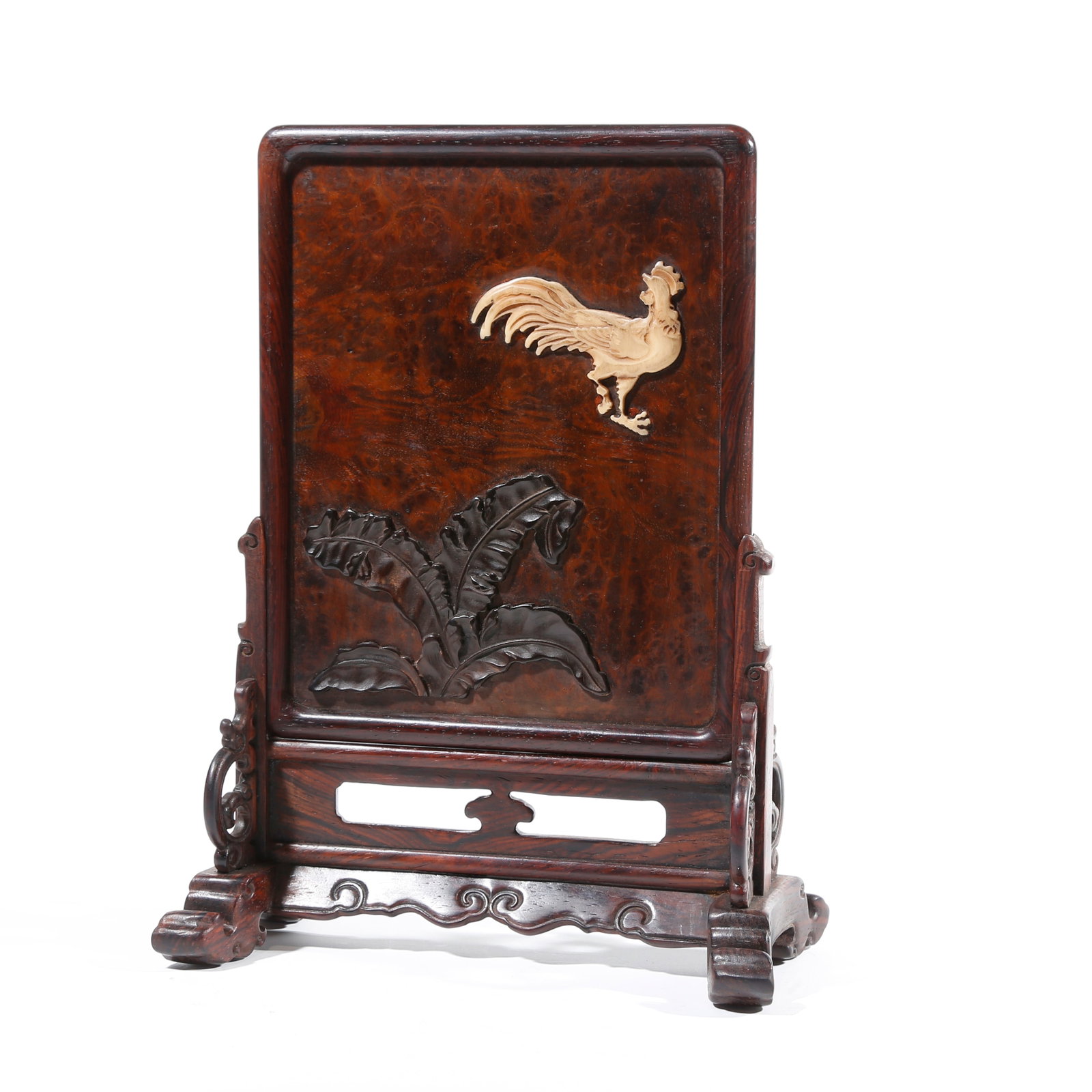 A PHOENIX AND DRAGON PATTERN SCREEN INLAID WITH BURL WOOD AND RED SANDALWOOD: Phoenix and Dragon Pattern Screen Inlaid with Burl Wood and Red Sandalwood