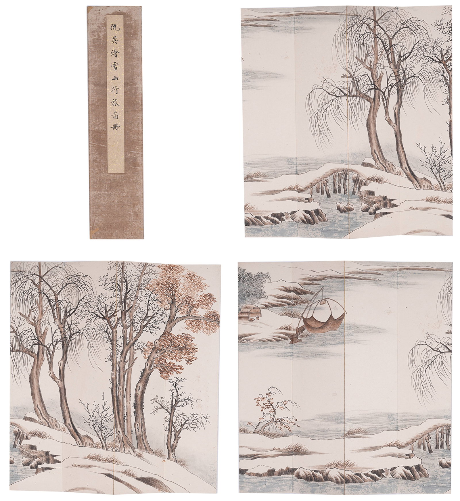 A ALBUM OF TRAVELERS IN SNOWY MOUNTAINS PAINTINGS ON PAPER BY QIU YING (SIX LEAVES).仇英: Album of Travelers in Snowy Mountains Paintings on Paper by Qiu Ying (Six Leaves).仇英