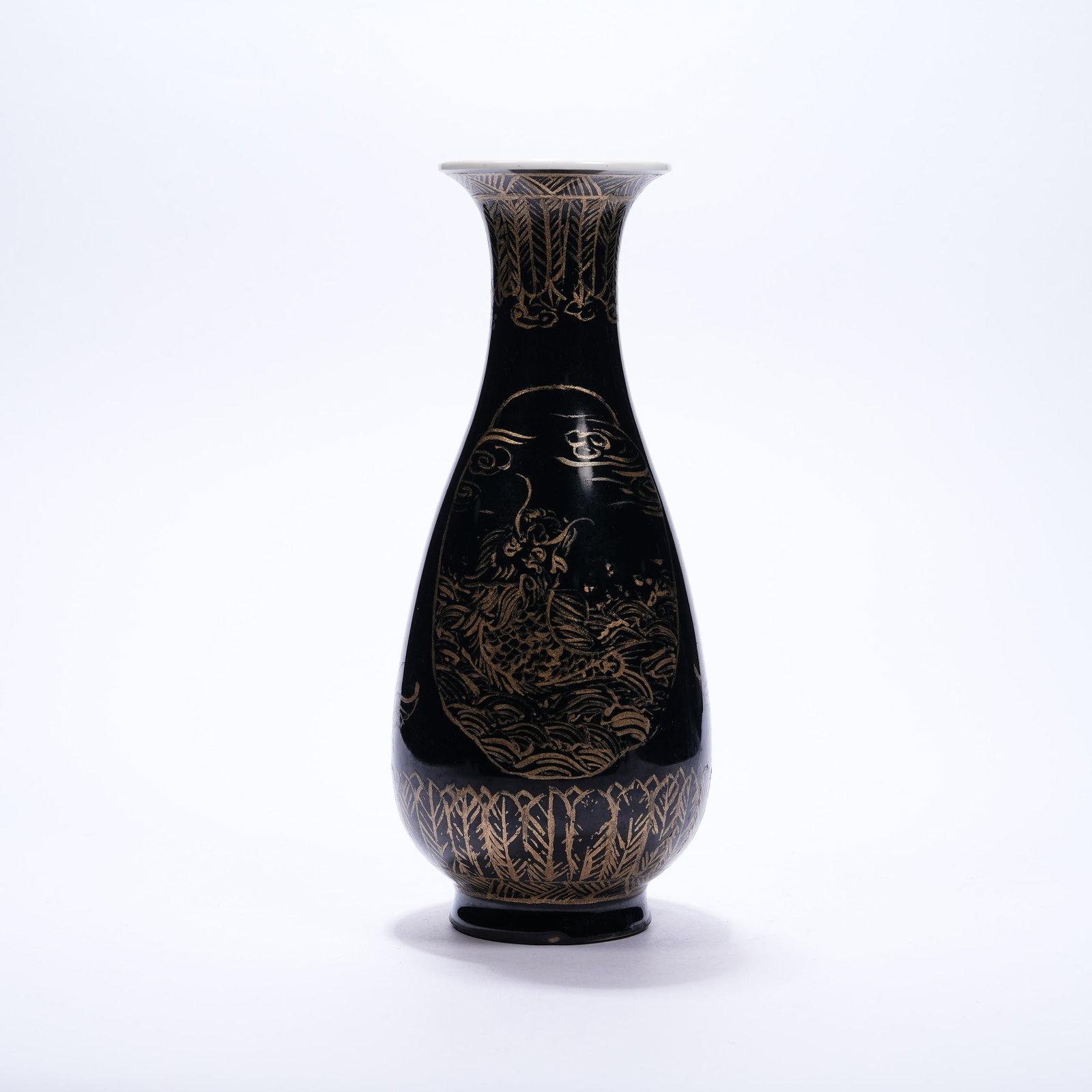 A BLACK GLAZE PEAR-SHAPED VASE WITH GILDED SEA WAVE AND DRAGON PATTERNS: Black Glaze Pear-shaped Vase with Gilded Sea Wave and Dragon Patterns