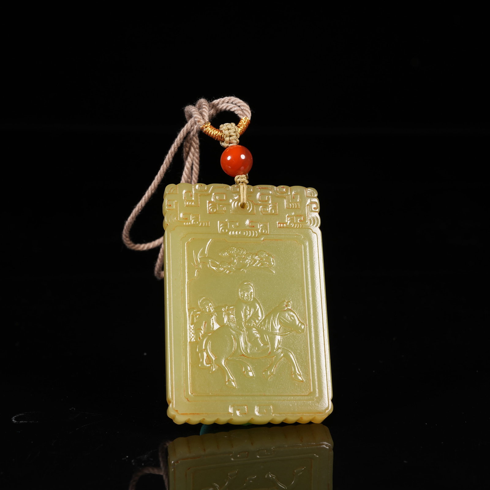 A YELLOW HETIAN JADE PLAQUE WITH FIGURE STORY PATTERNS: Yellow Hetian Jade Plaque with Figure Story Patterns