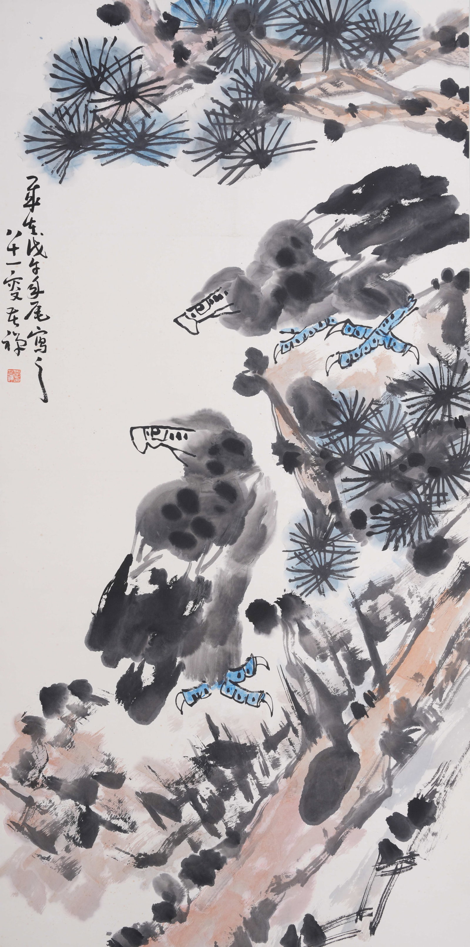 A PINE AND EAGLE PAINTING ON PAPER BY LI KUCHAN.李苦禪: Pine and Eagle Painting on Paper by Li Kuchan.李苦禪