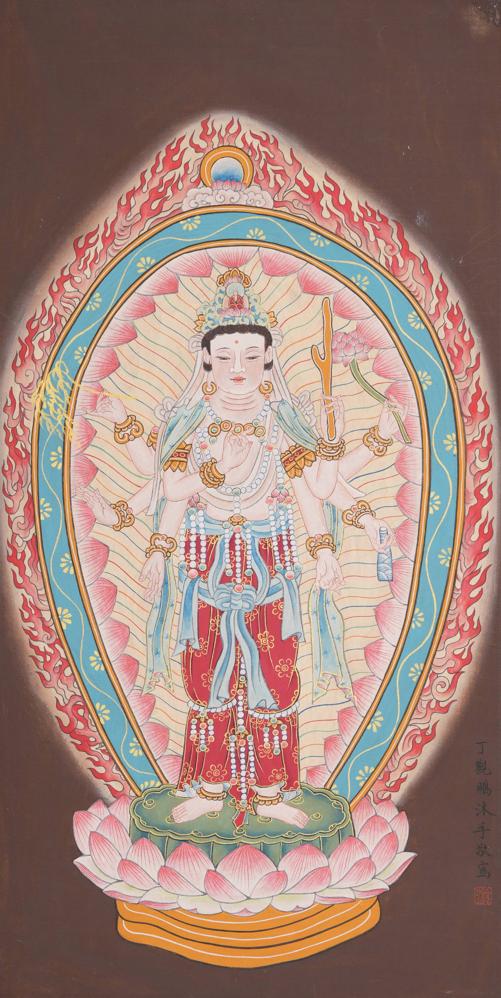 A GUANYIN PAINTING ON SILK BY DING GUANPENG.丁觀鵬: Guanyin Painting on Silk by Ding Guanpeng.丁觀鵬