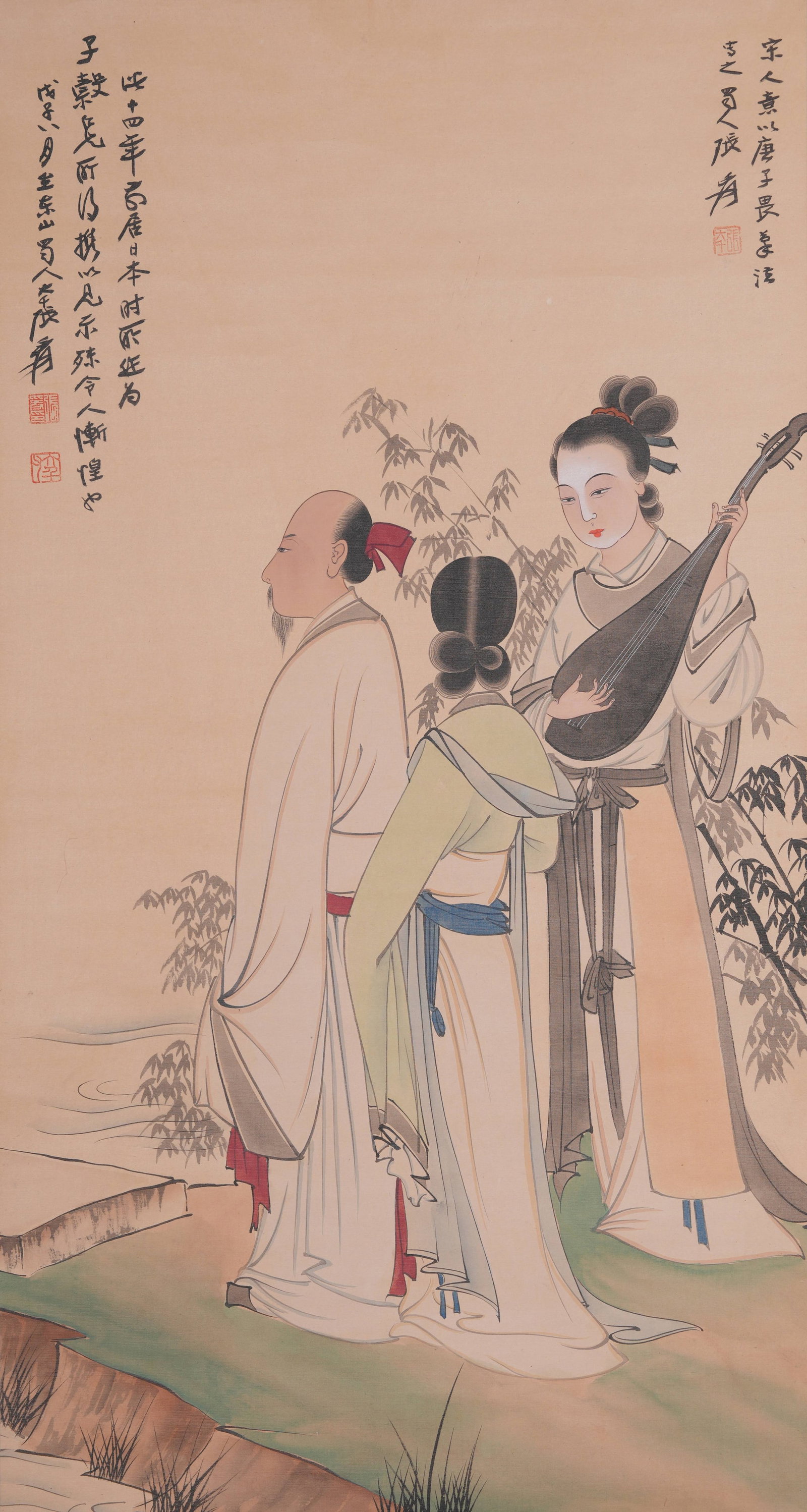 A FIGURE PAINTING ON SILK BY ZHANG DAQIAN.張大千: Figure Painting on Silk by Zhang Daqian.張大千