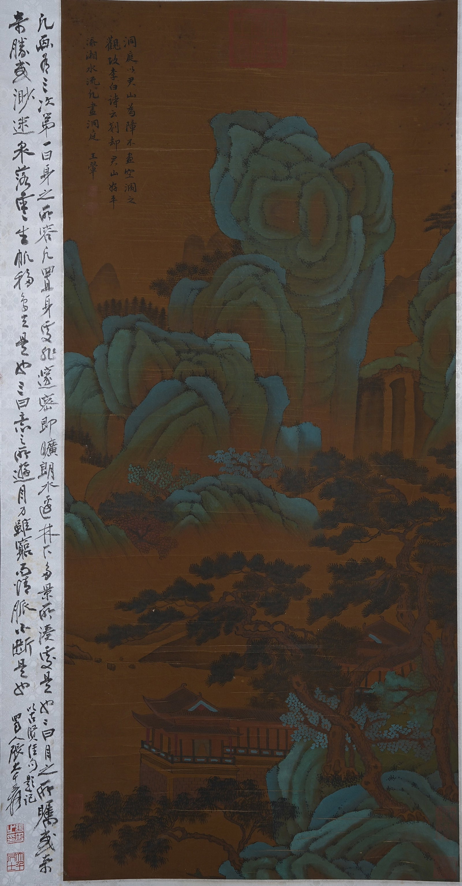 A LANDSCAPE AND PAVILION PAINTING ON SILK BY WANG HUI.王翬: Landscape and Pavilion Painting on Silk by Wang Hui.王翬
