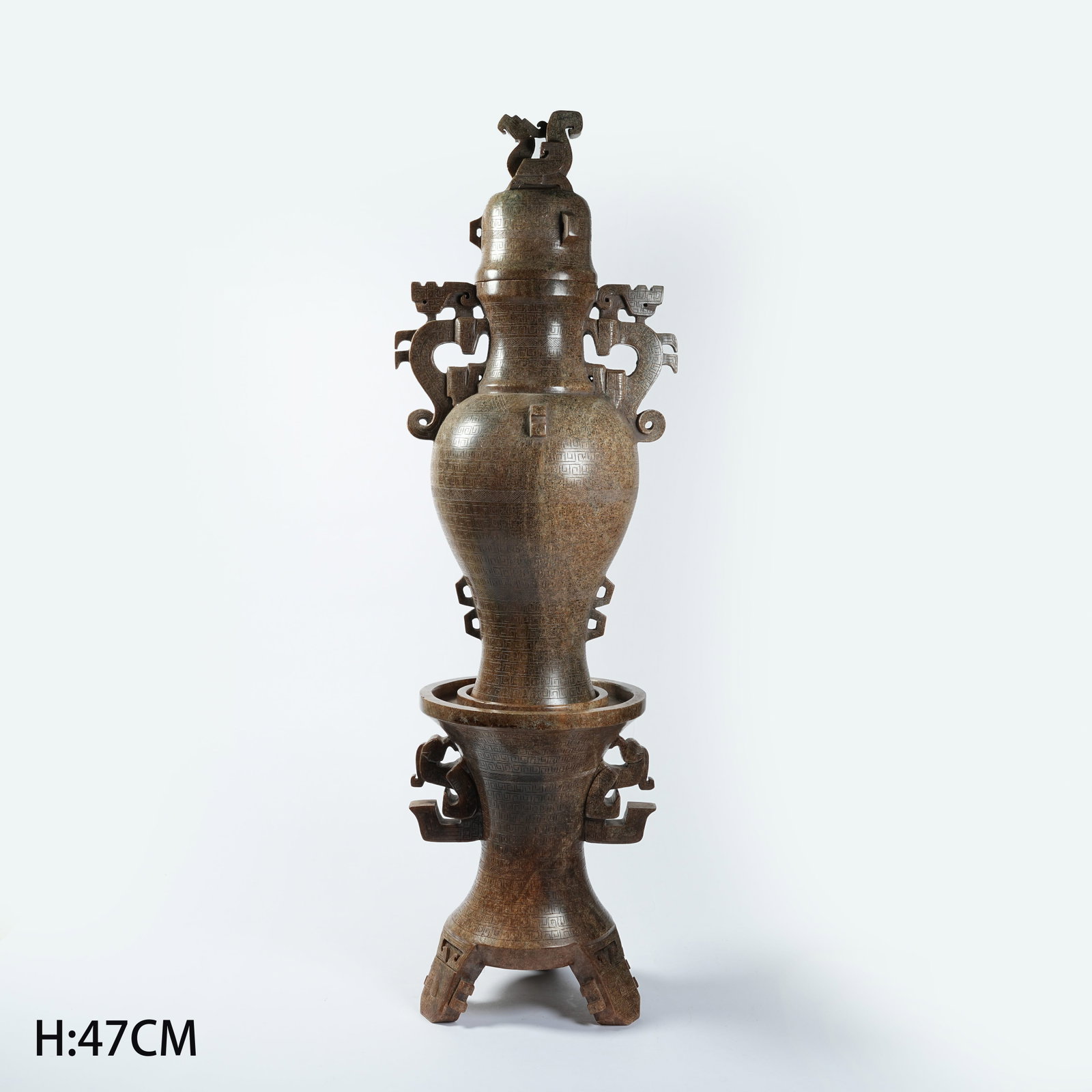 A ANCIENT JADE THREE-PIECE SET COVERED VASE WITH DRAGON EARS: Ancient Jade Three-piece Set Covered Vase with Dragon Ears