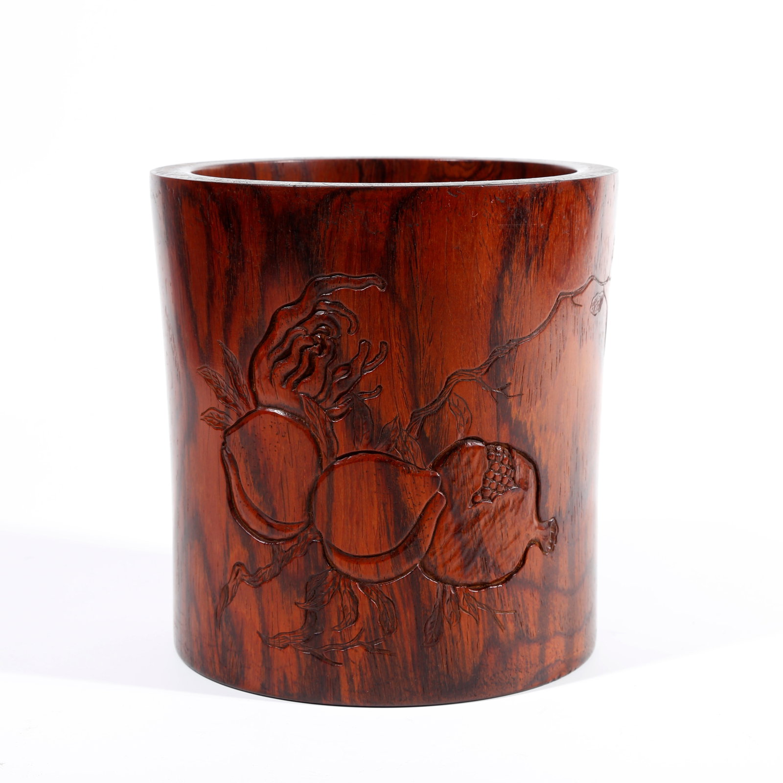 A FORTUNE AND LONGEVITY-PATTERNED BRUSH POT CARVED IN RED SANDALWOOD: Fortune and Longevity-patterned Brush Pot Carved in Red Sandalwood