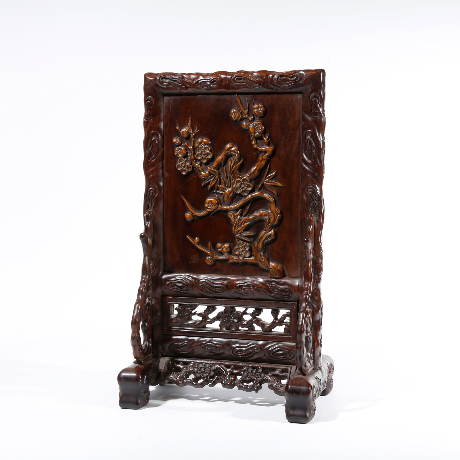 A PLUM BLOSSOM PATTERN TABLE SCREEN IN RED SANDALWOOD CARVING: Plum Blossom Pattern Table Screen in Red Sandalwood Carving