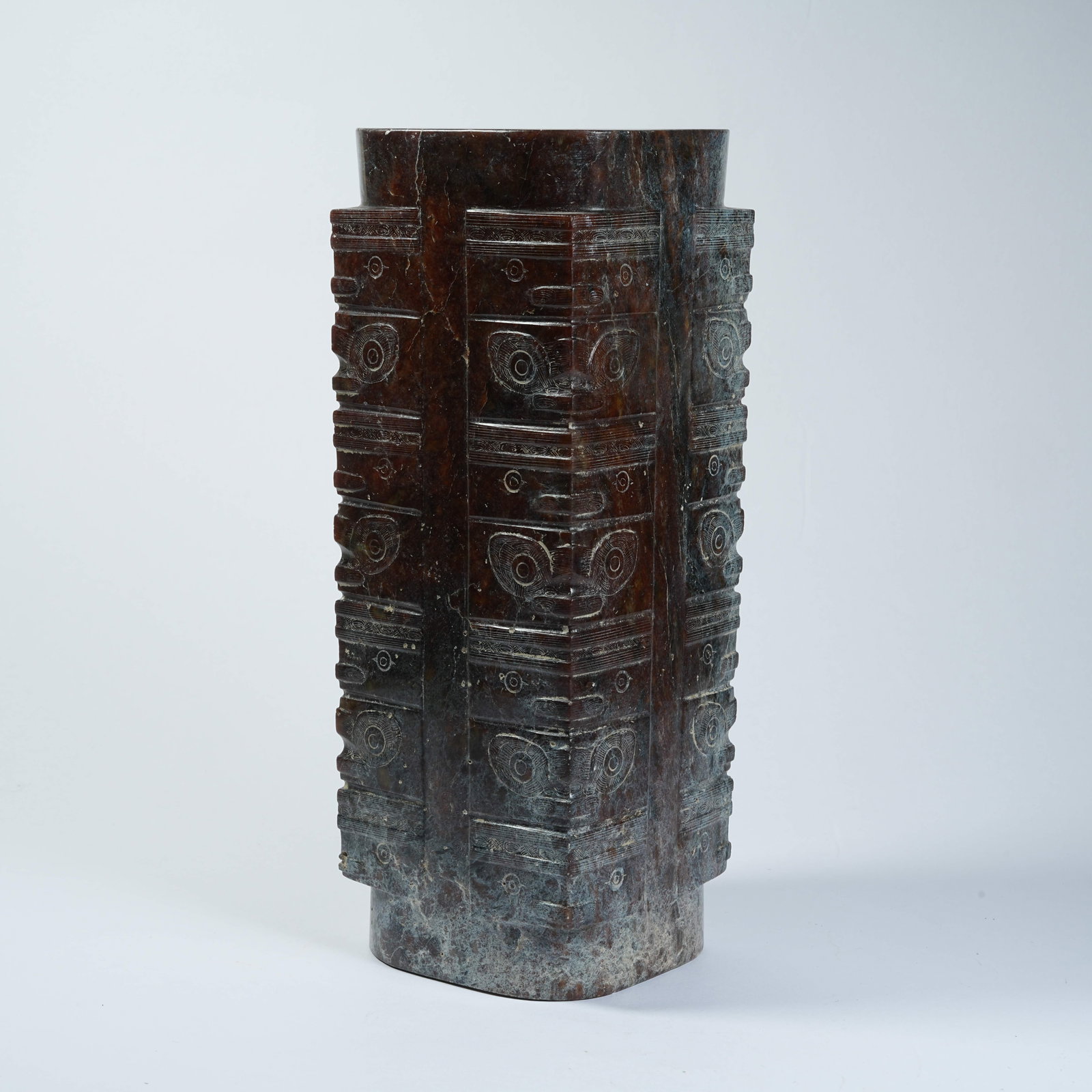 A ANCIENT JADE CONG WITH DEITY MASK PATTERNS: Ancient Jade Cong with Deity Mask Patterns