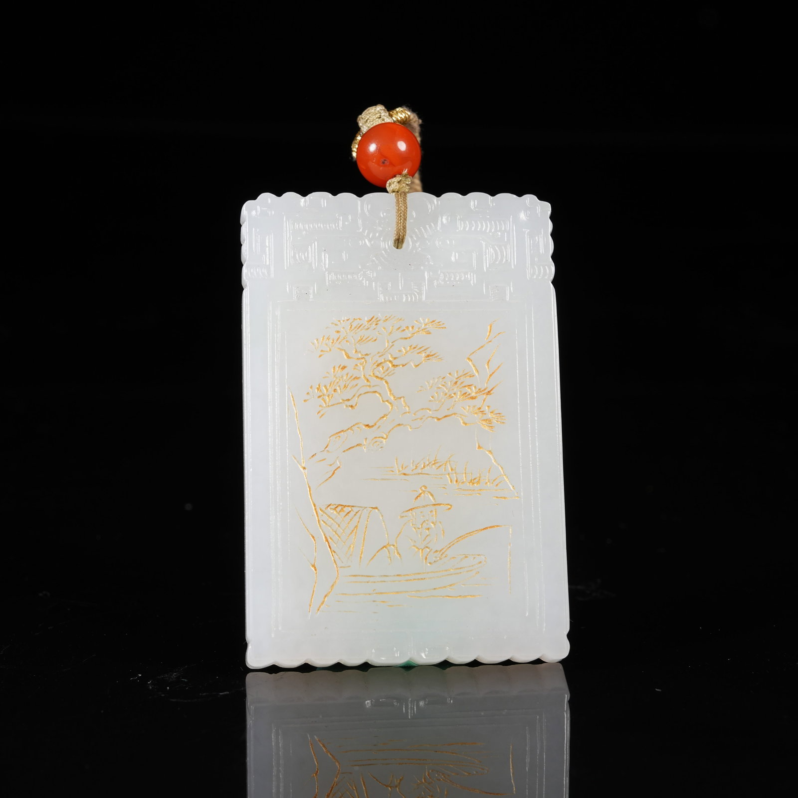 A WHITE HETIAN JADE PLAQUE WITH GILDED FISHING AMUSEMENT SCENE (1 of 8)