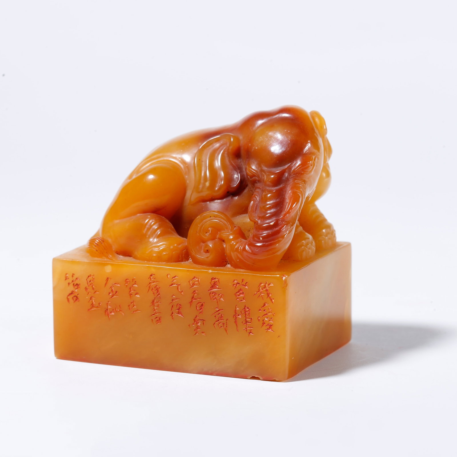 A SHOUSHAN TIANHUANG STONE SEAL WITH PEACE ELEPHANT KNOB: Shoushan Tianhuang Stone Seal with Peace Elephant Knob