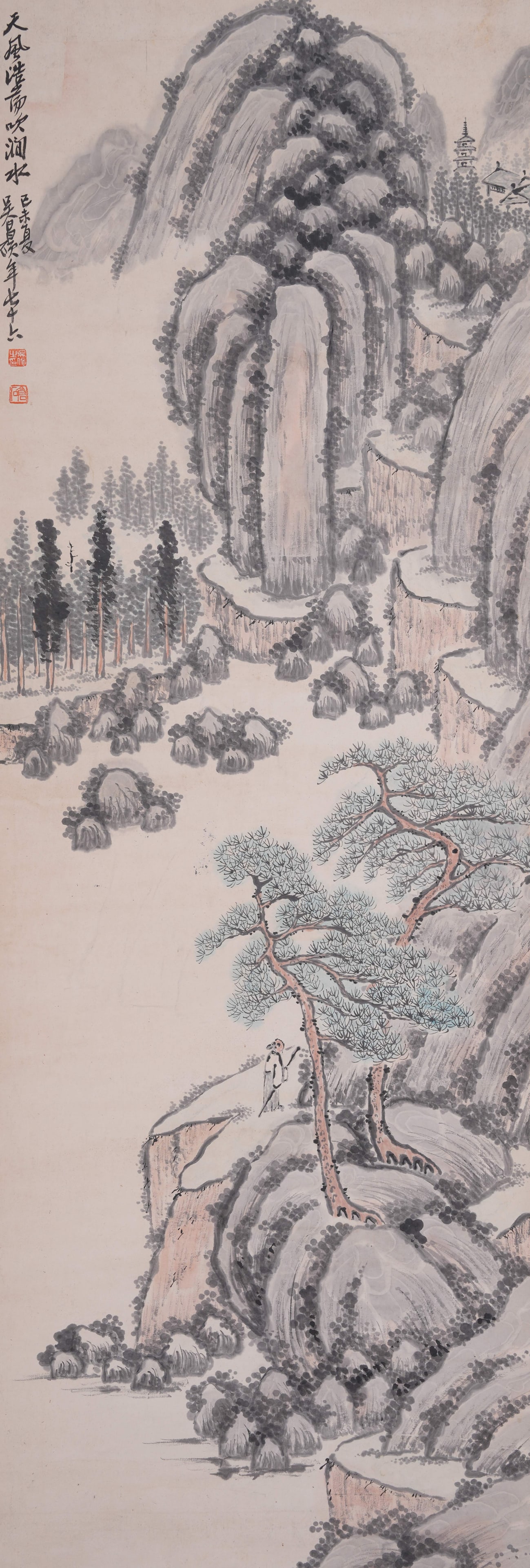 A LANDSCAPE PAINTING ON PAPER BY WU CHANGSHUO.吳昌碩: Landscape Painting on Paper by Wu Changshuo.吳昌碩