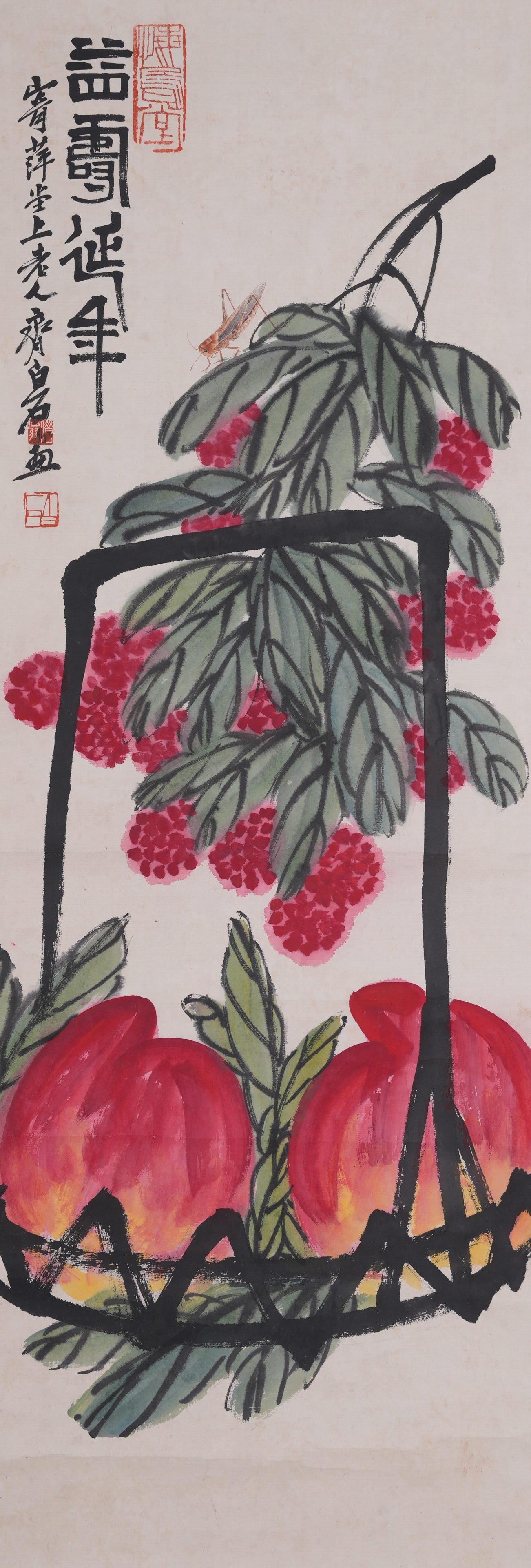 A LONGEVITY BLESSING PAINTING ON PAPER BY QI BAISHI.齊白石: Longevity Blessing Painting on Paper by Qi Baishi.齊白石