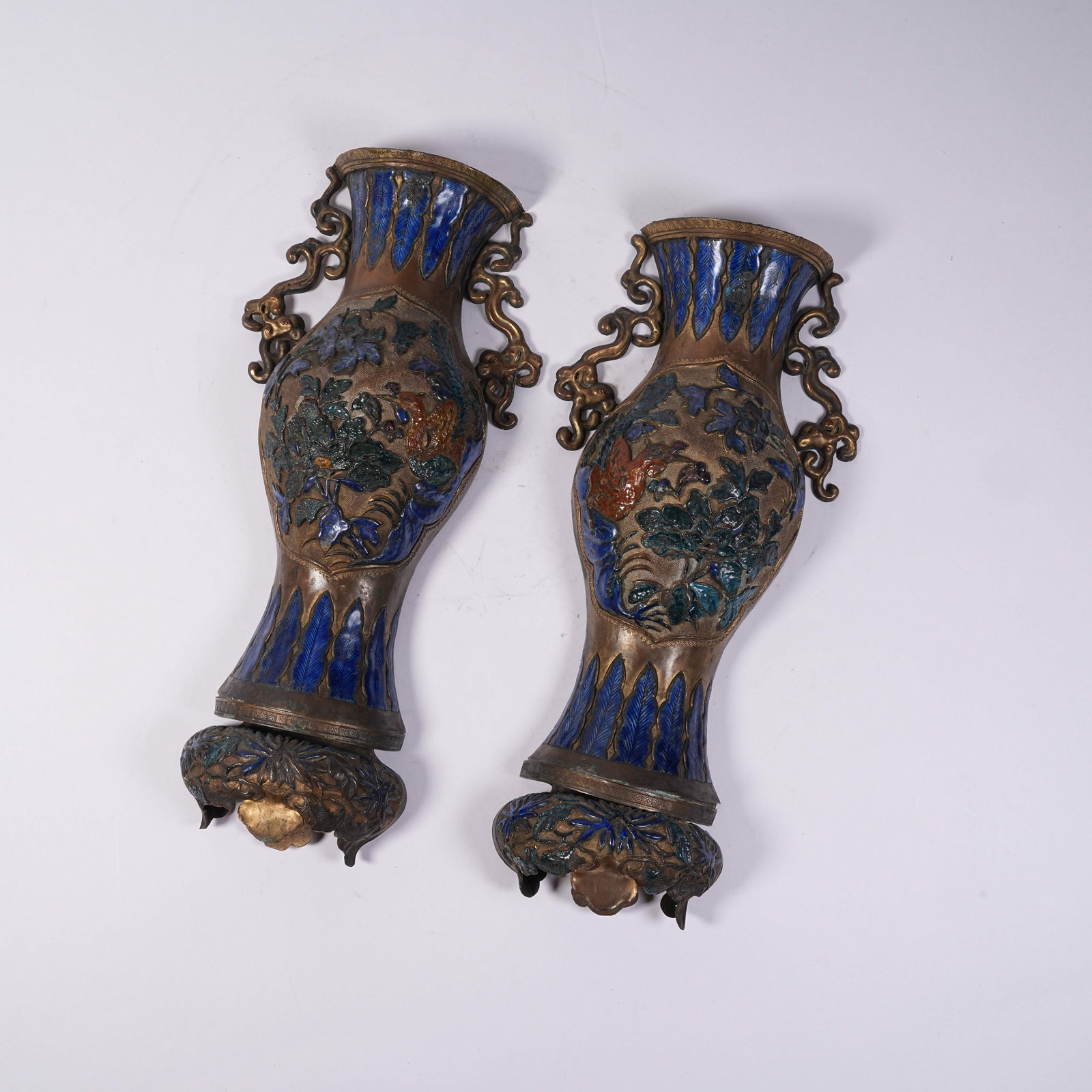 A SET OF PAINTED BRONZE VASES WITH PHOENIX AMIDST FLORAL SCROLLS: Set of Painted Bronze Vases with Phoenix Amidst Floral Scrolls