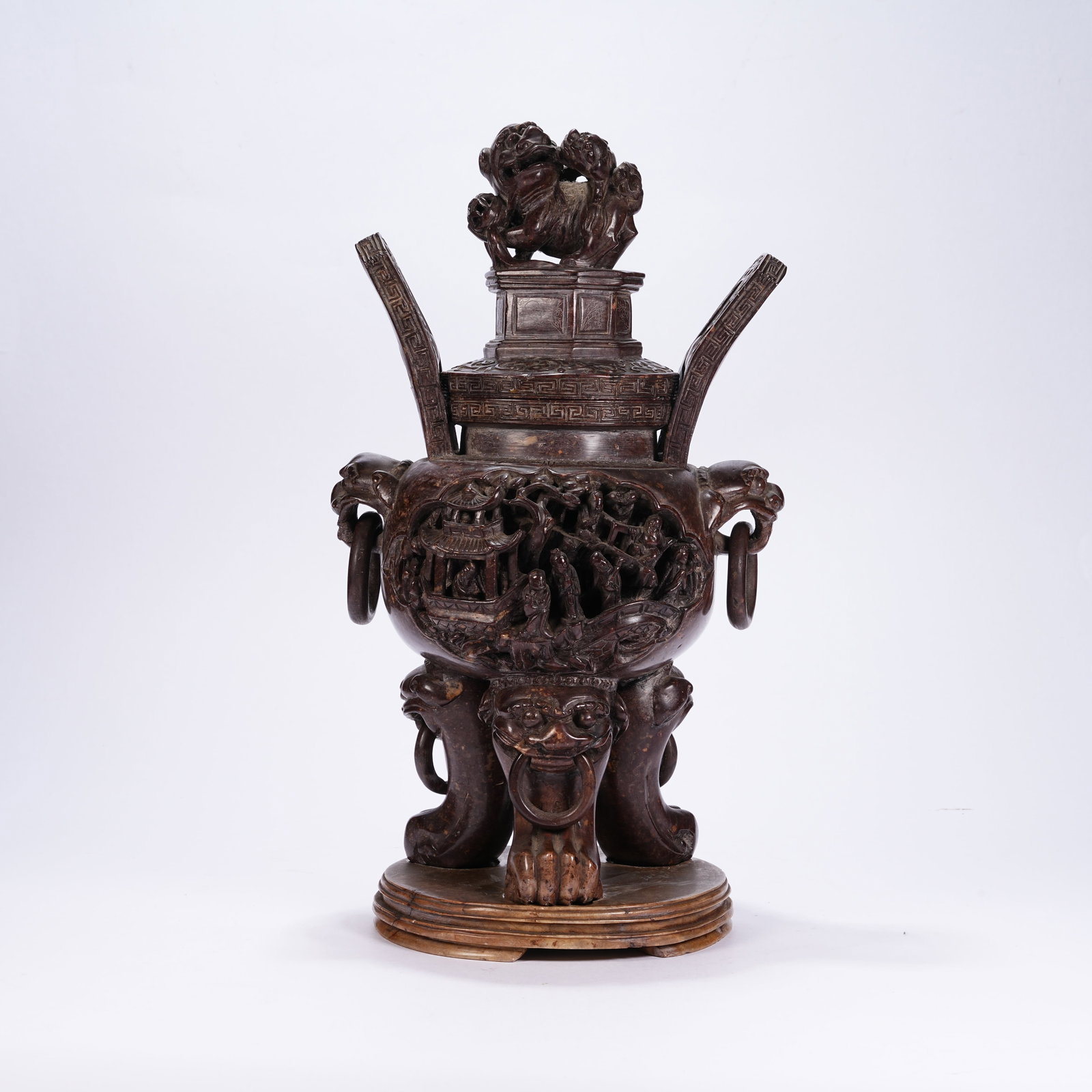 A SHOUSHAN STONE CENSER CARVED WITH PAVILIONS AND FIGURES: Shoushan Stone Censer Carved with Pavilions and Figures