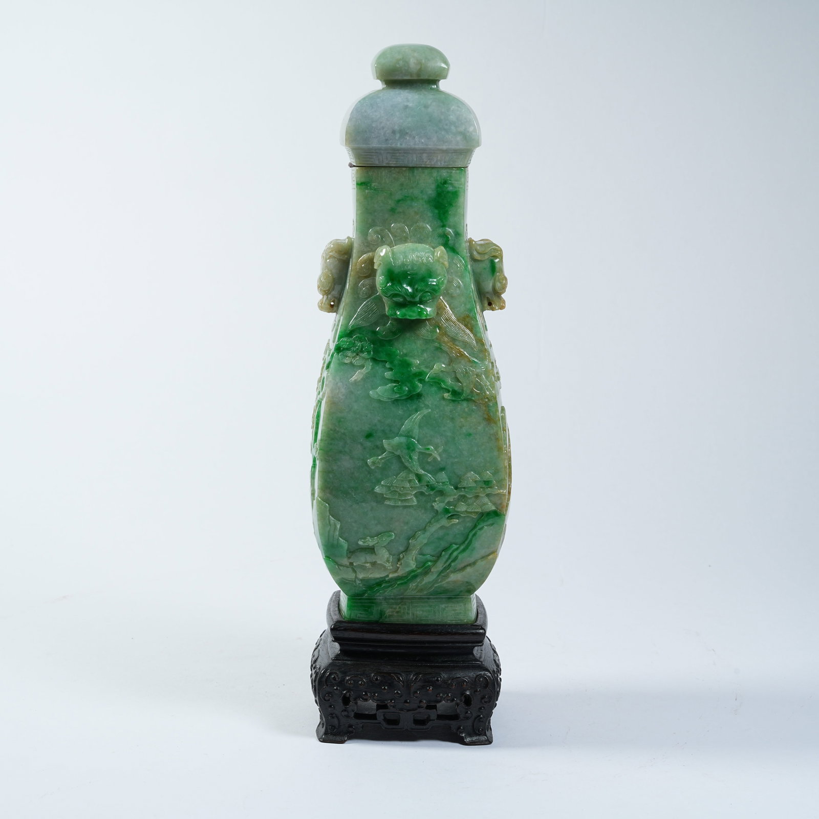 A JADEITE COVERED VASE WITH BEAST EARS AND LANDSCAPE PATTERNS (1 of 10)