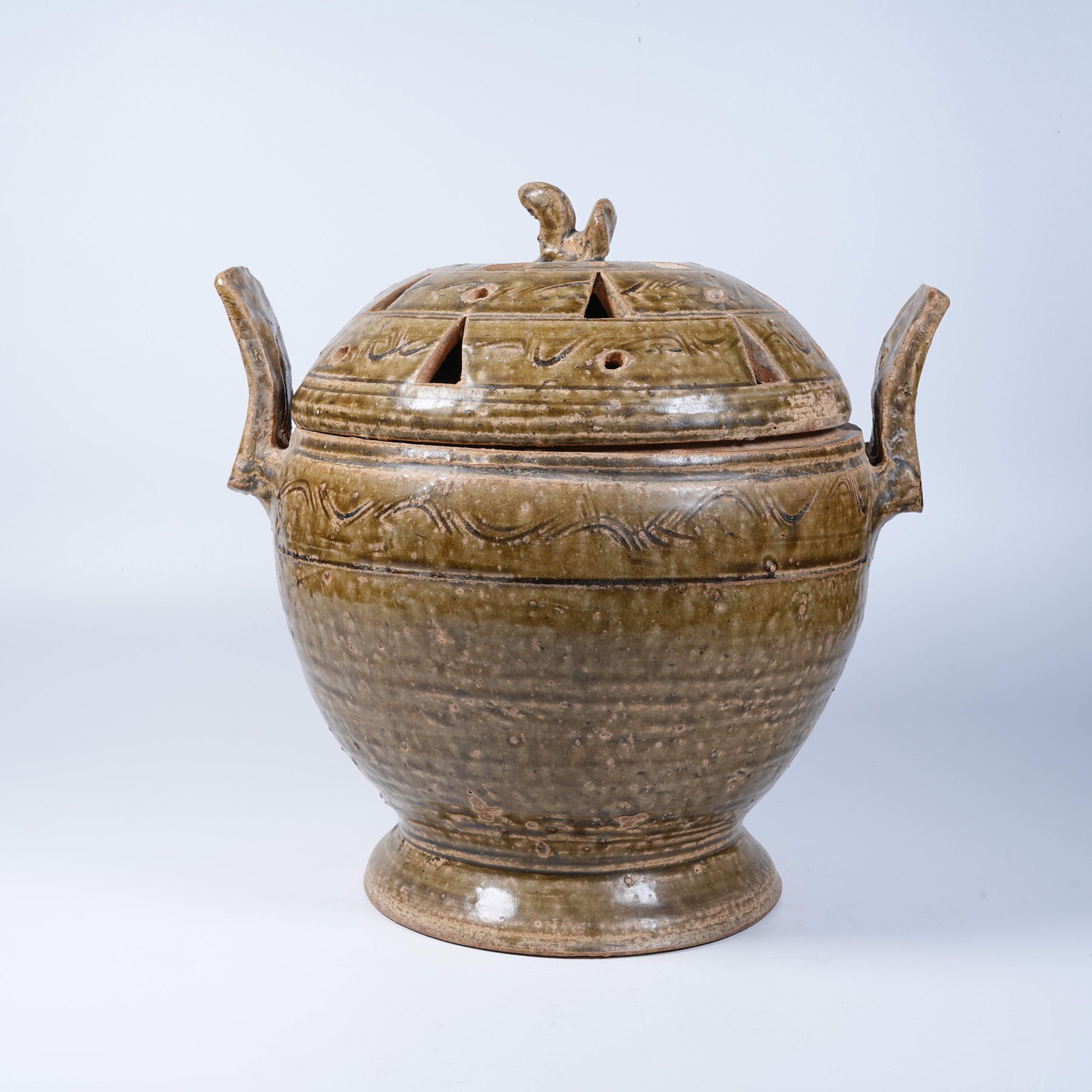 A YUE KILN CELADON TWIN-EAR INCENSE BURNER: Yue Kiln Celadon Twin-Ear Incense Burner