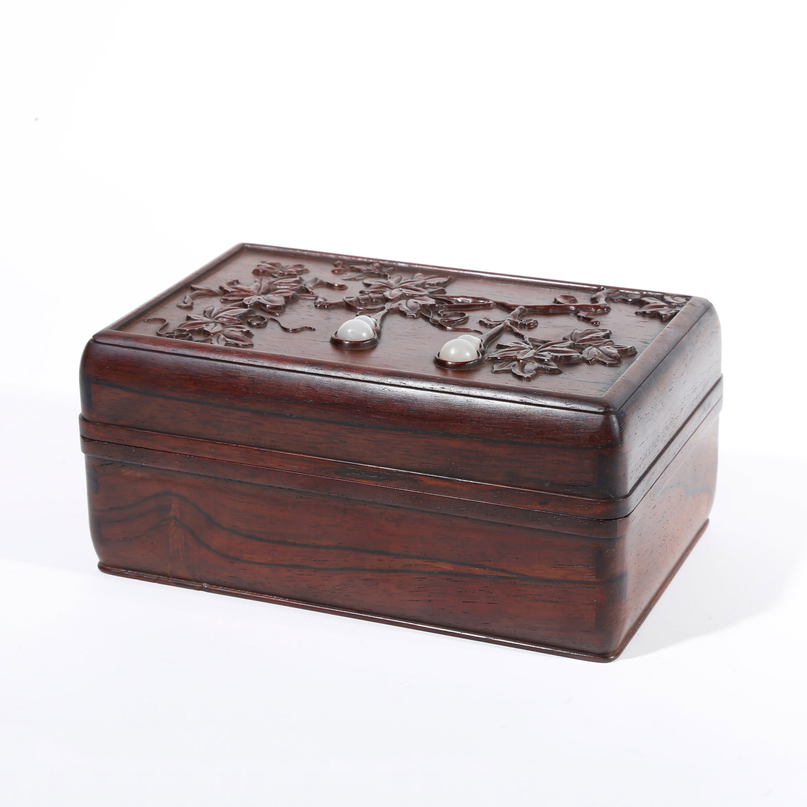 A GOURD PATTERN COVERED BOX IN RED SANDALWOOD CARVING: Gourd Pattern Covered Box in Red Sandalwood Carving
