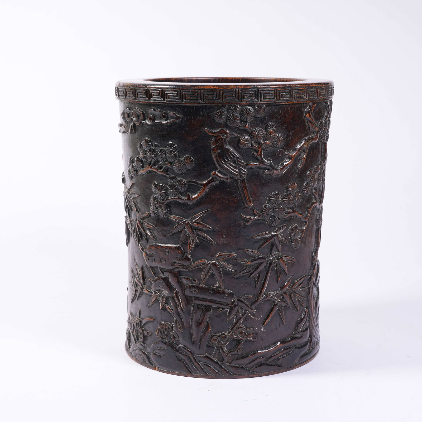 A RED SANDALWOOD BRUSH POT INLAID WITH GEMS AND FLOWER-BIRD PATTERNS: Red Sandalwood Brush Pot Inlaid with Gems and Flower-Bird Patterns