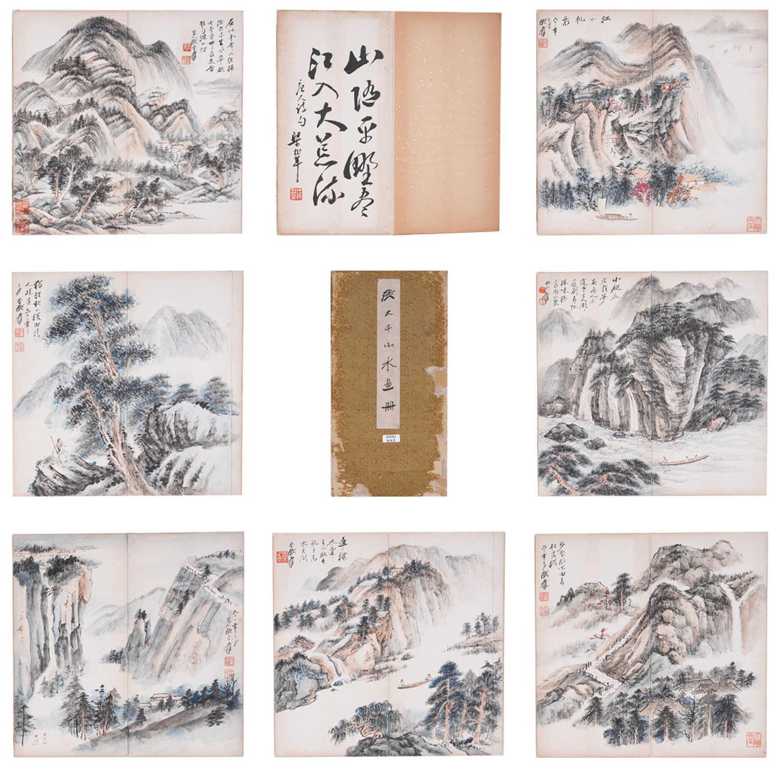 A ALBUM OF LANDSCAPE PAINTINGS ON PAPER BY ZHANG DAQIAN (TWELVE LEAVES).張大千: Album of Landscape Paintings on Paper by Zhang Daqian (Twelve Leaves).張大千