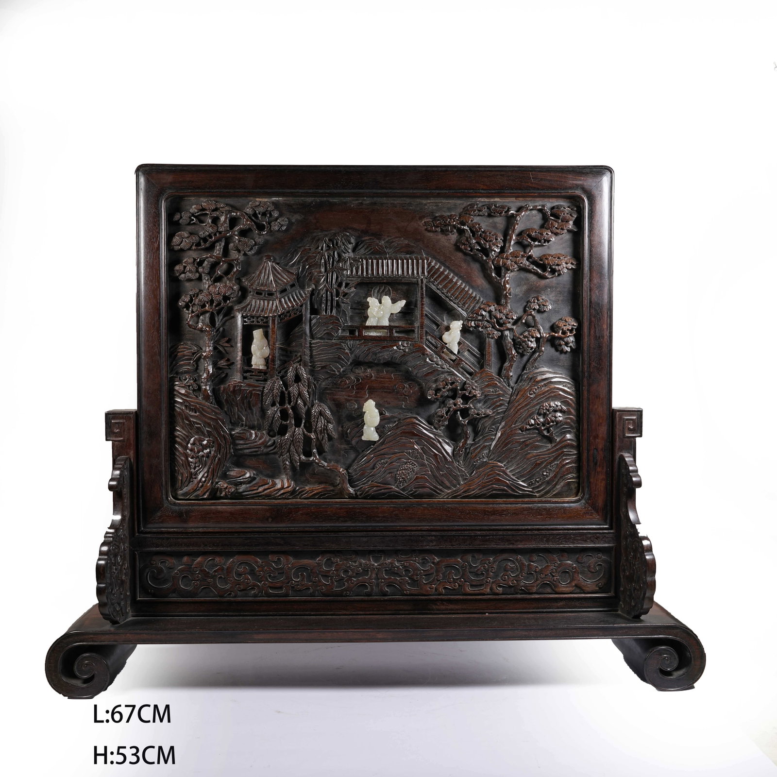 A RED SANDALWOOD SCREEN INLAID WITH JADE AND FIGURE STORY PATTERNS: Red Sandalwood Screen Inlaid with Jade and Figure Story Patterns