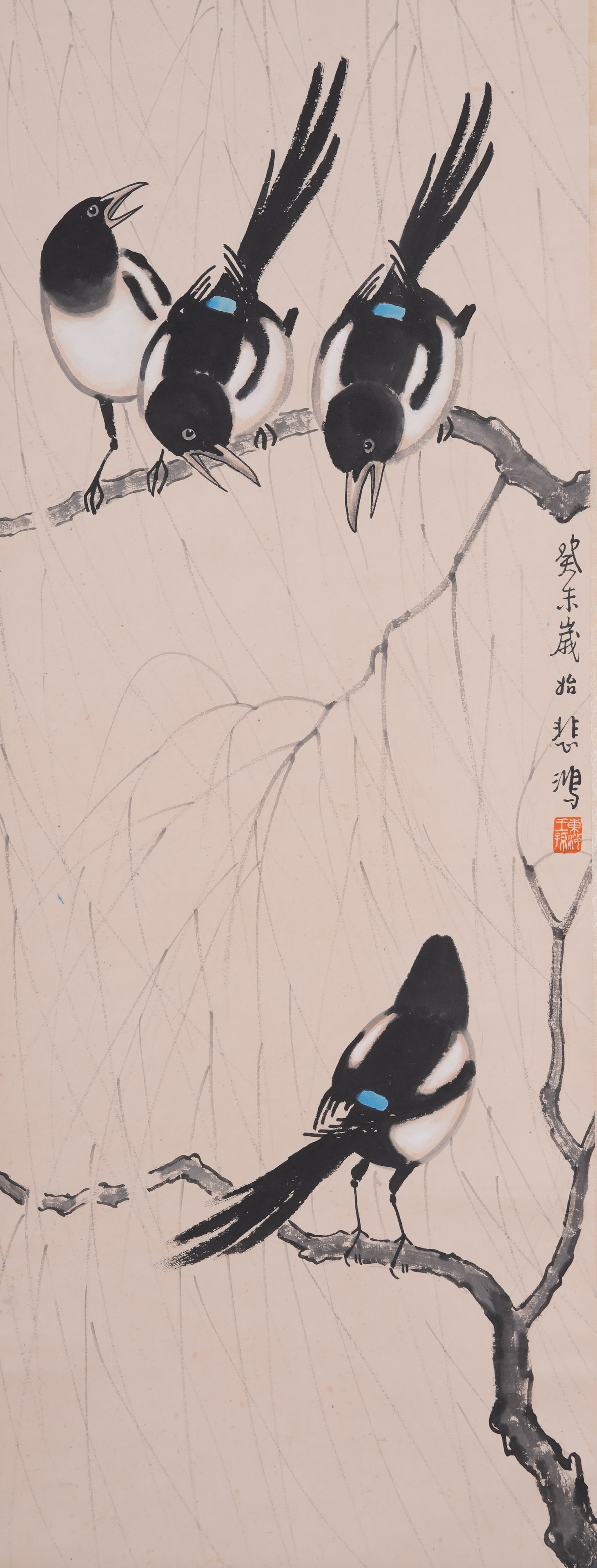 A FOUR BLESSINGS PAINTING ON PAPER BY XU BEIHONG.徐悲鴻: Four Blessings Painting on Paper by Xu Beihong.徐悲鴻