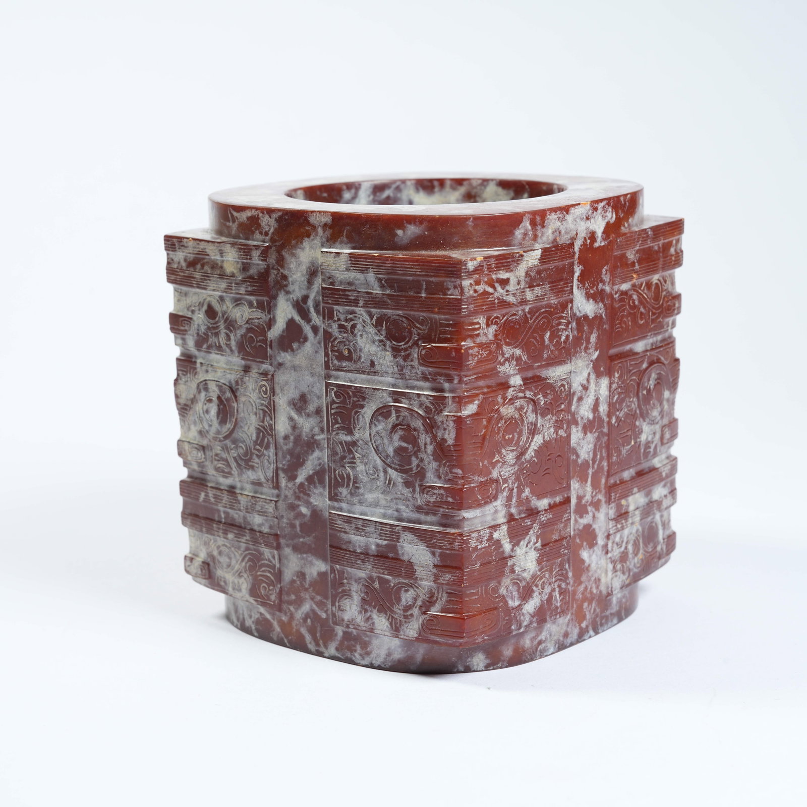 A ANCIENT JADE CONG WITH DEITY MASK PATTERNS: Ancient Jade Cong with Deity Mask Patterns