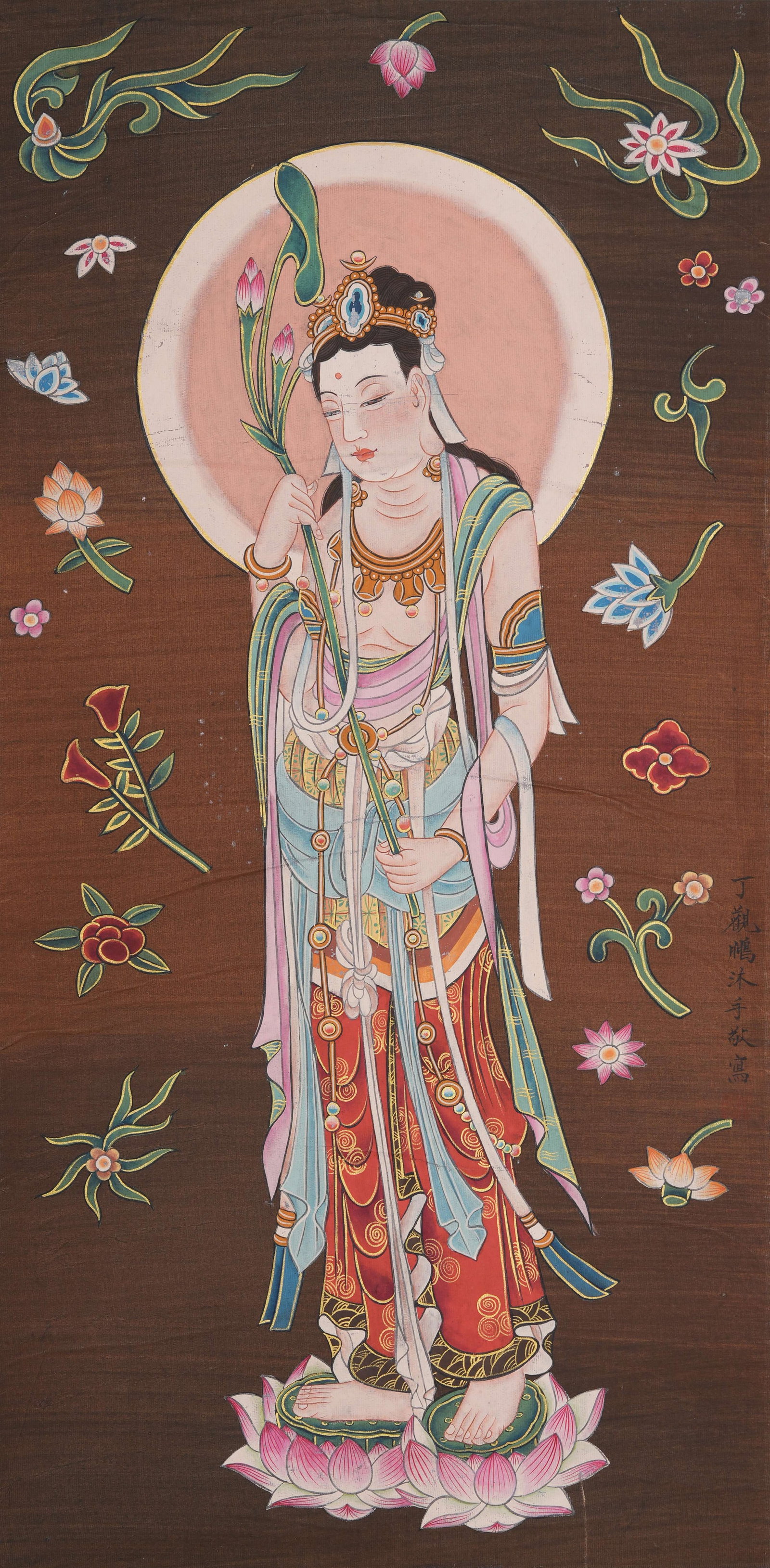 A GUANYIN PAINTING ON SILK BY DING GUANPENG.丁觀鵬: Guanyin Painting on Silk by Ding Guanpeng.丁觀鵬
