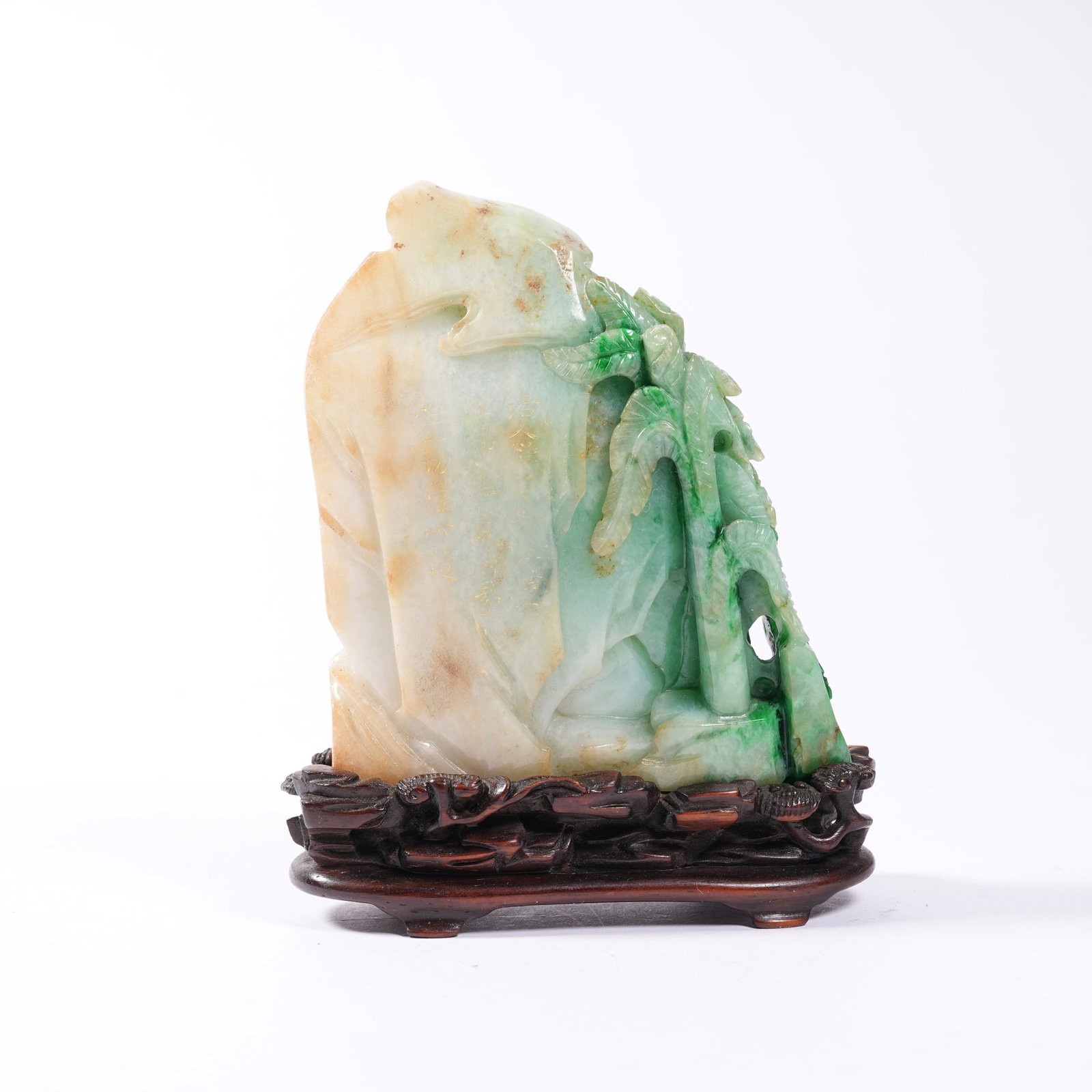 A JADEITE MOUNTAIN ORNAMENT OF ARHAT TAMING TIGER: Jadeite Mountain Ornament of Arhat Taming Tiger