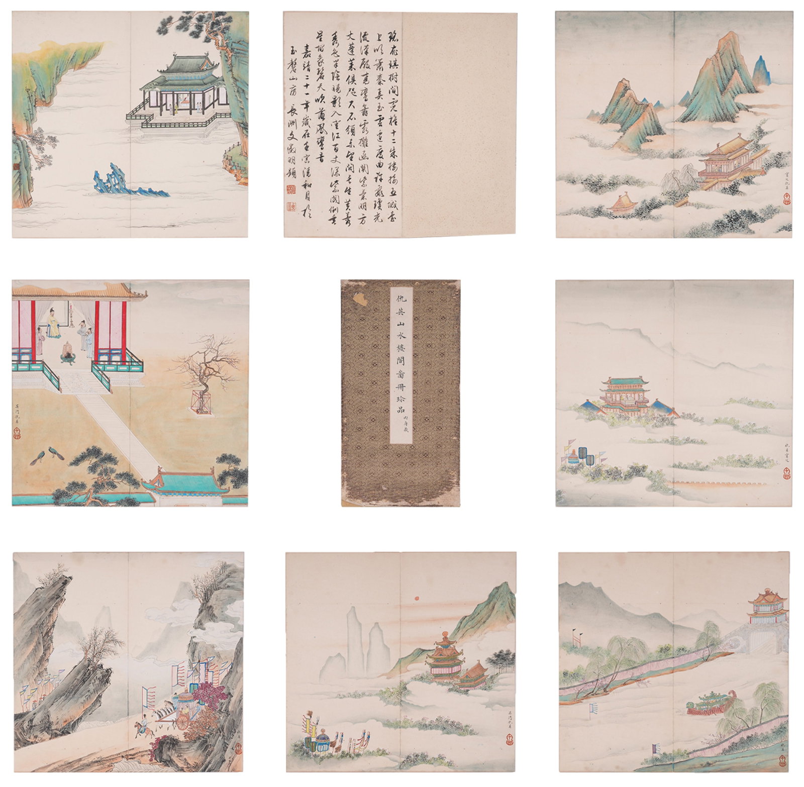A ALBUM OF LANDSCAPE AND PAVILION PAINTINGS ON PAPER BY QIU YING (TWELVE LEAVES).仇英: Album of Landscape and Pavilion Paintings on Paper by Qiu Ying (Twelve Leaves).仇英