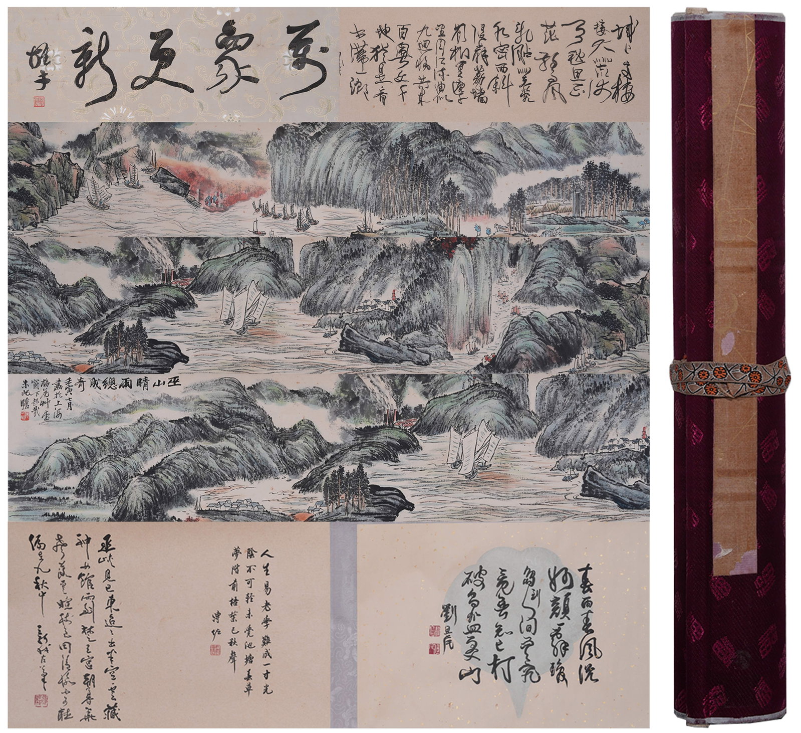 A HANDSCROLL OF LANDSCAPE ON PAPER BY ZHU QIZHAN.朱屺瞻: Handscroll of Landscape on Paper by Zhu Qizhan.朱屺瞻