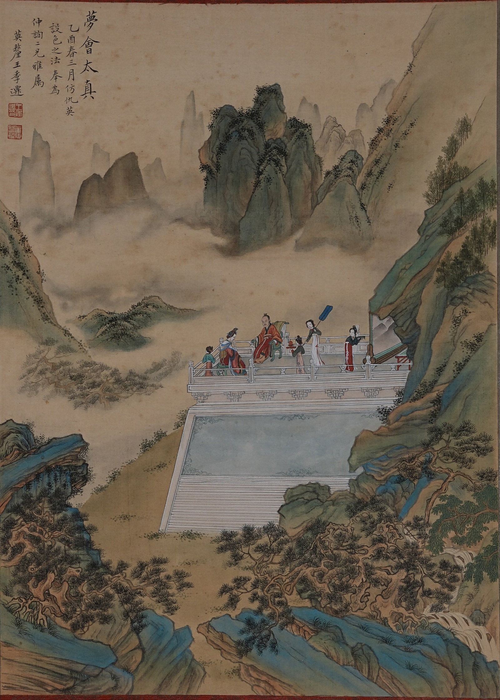 A NARRATIVE PAINTING OF PAVILIONS AND FIGURES ON SILK BY WANG JIQIAN.王季遷: Narrative Painting of Pavilions and Figures on Silk by Wang Jiqian.王季遷