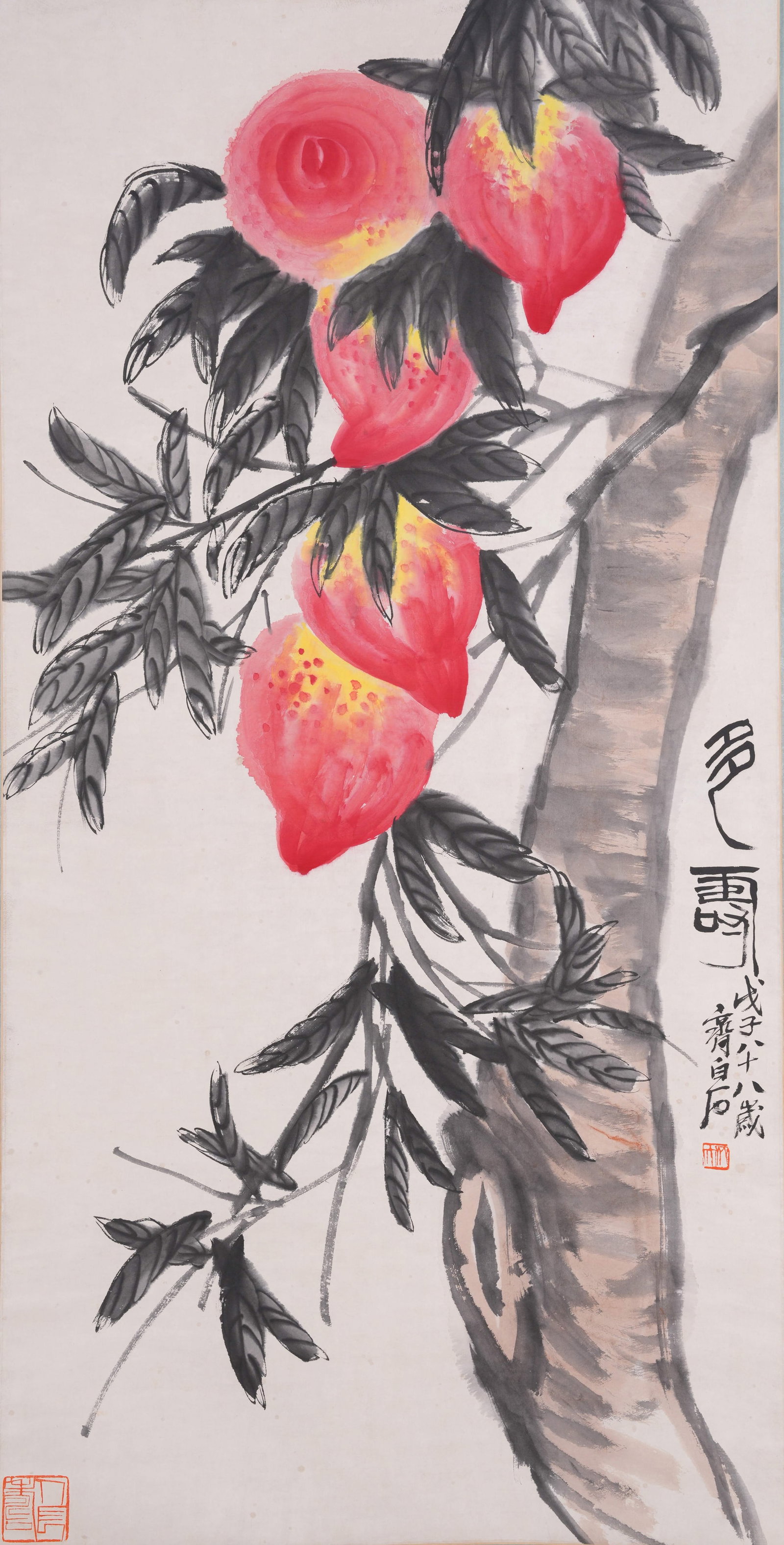 A LONGEVITY PAINTING ON PAPER BY QI BAISHI.齊白石: Longevity Painting on Paper by Qi Baishi.齊白石