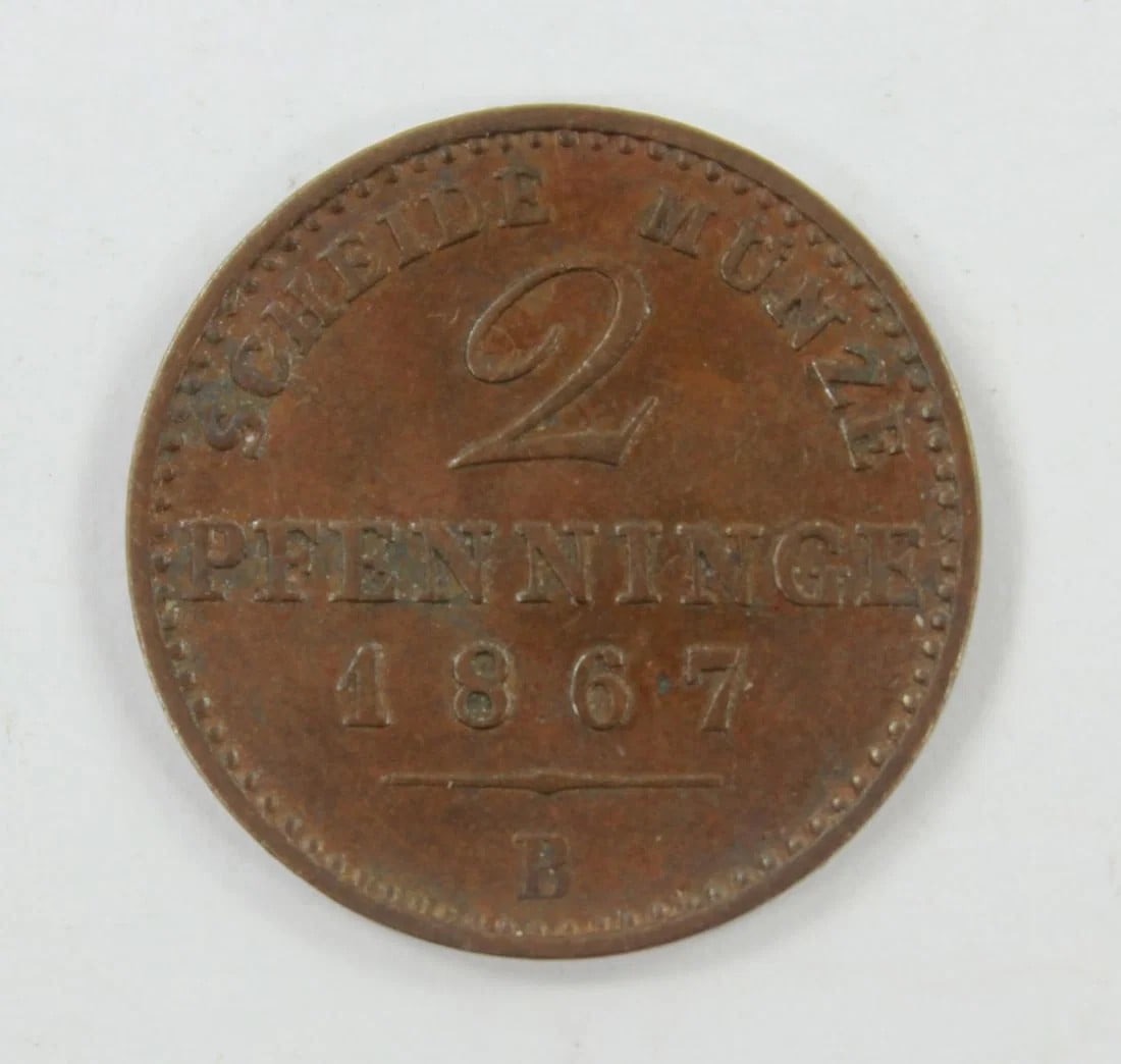 PRUSSIA (GERMANY) 1867 A TWO PFENNINGS, ABOUT UNCIRCULATED: Prussia (Germany) 1867 A Two Pfennings, about Uncirculated