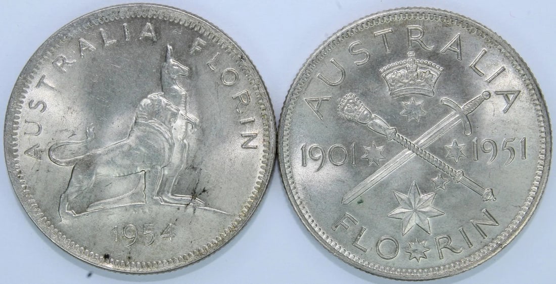 AUSTRALIA 1951 'JUBILEE' & 1954 'ROYAL VISIT' FLORINS, NEAR GEM: Australia 1951 'Jubilee' & 1954 'Royal Visit' Florins, near Gem