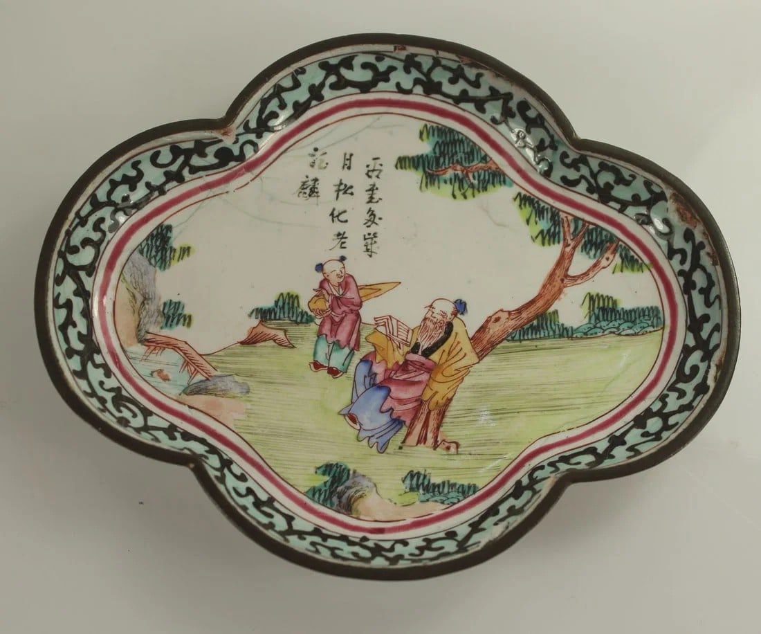 EARLY CHINESE BRONZE PIN DISH WITH ENAMEL DESIGN (1 of 4)
