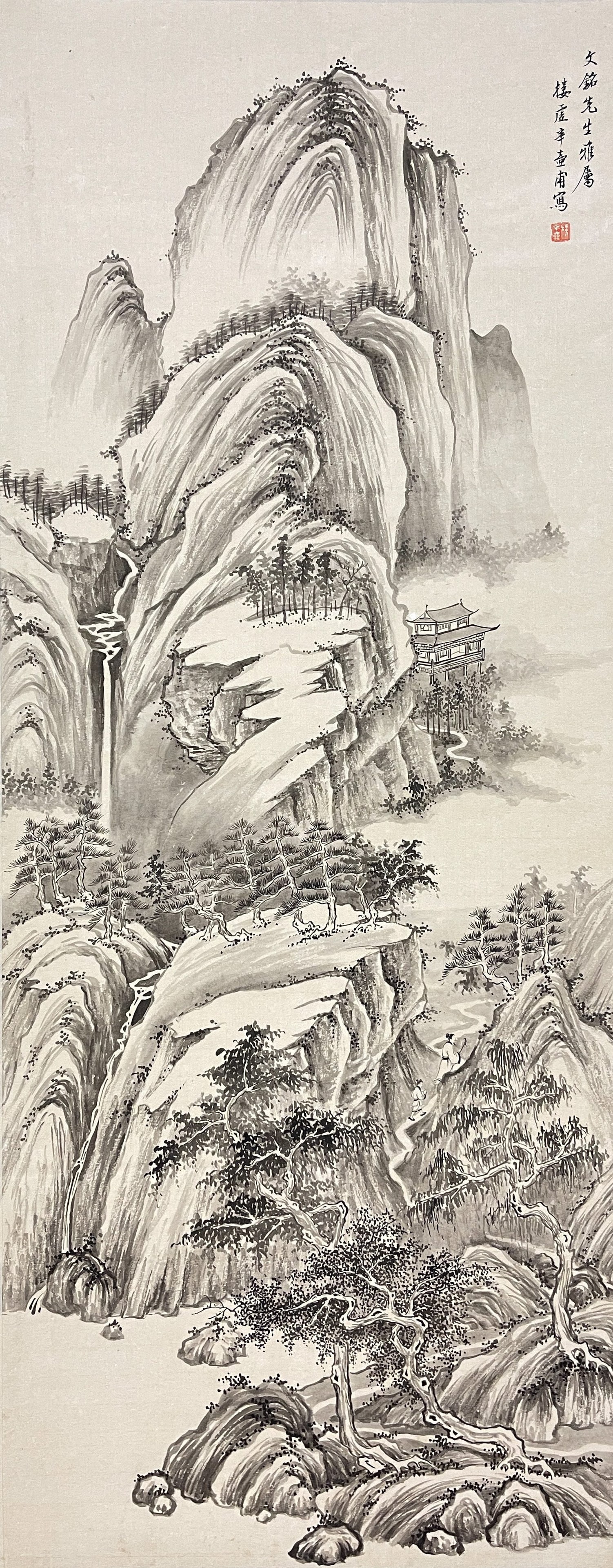 A INK LANDSCAPE ON PAPER BY LOU CUN, HANGING SCROLL.樓村 (1 of 8)