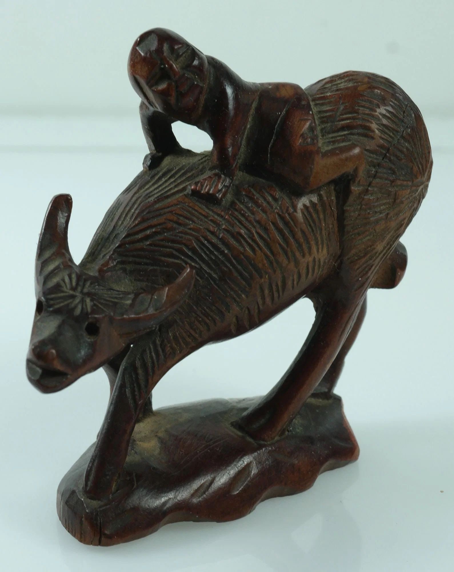 CHINESE OX AND RIDER HAND-CARVED IN WOOD (1 of 4)