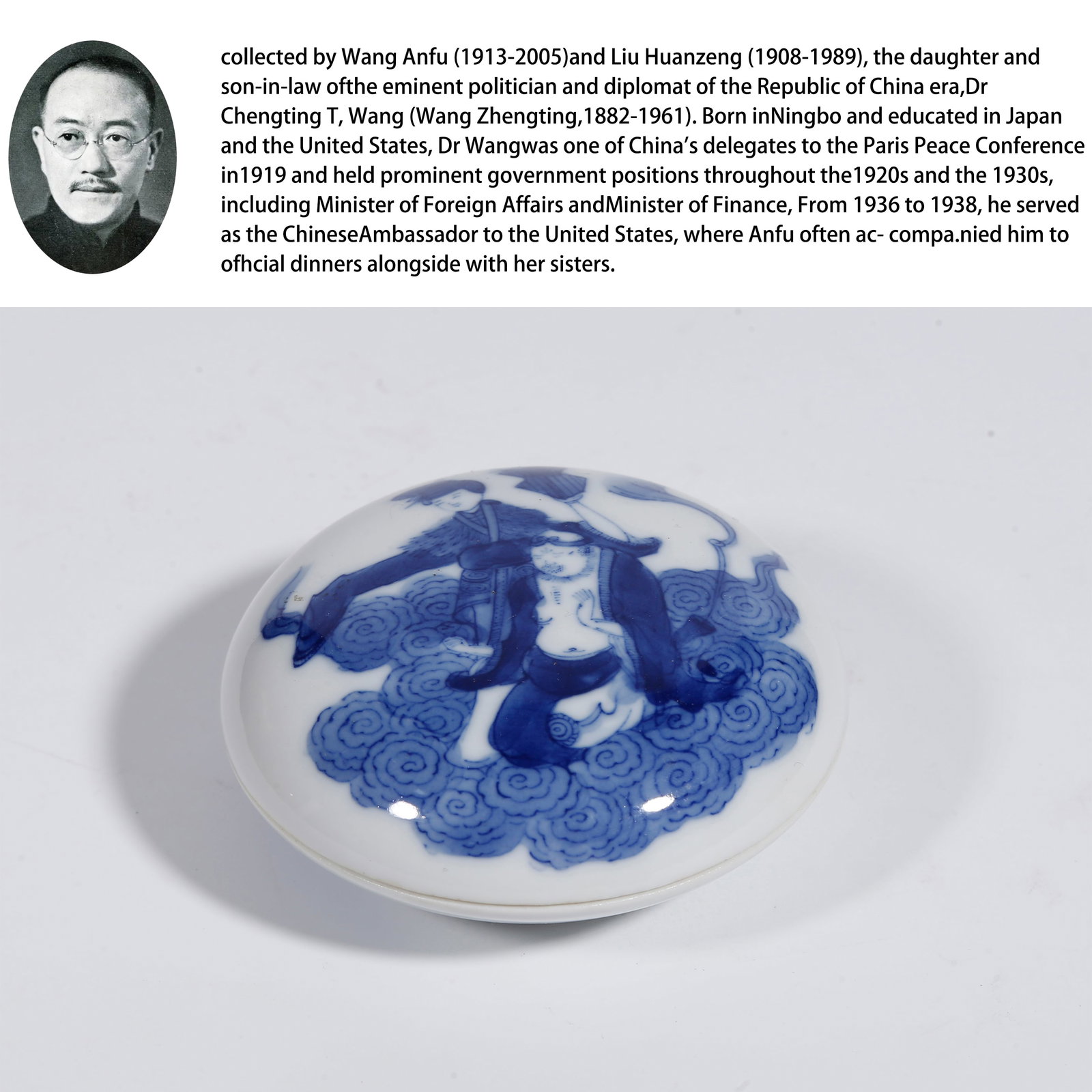 A BLUE AND WHITE ROUGE BOX WITH FIGURE PATTERN: Blue and White Rouge Box with Figure Pattern. PROVENANCE: Collections from the family collection of Wang Anfu (1913-2005) and Liu Huanzeng (1908-1989), descendants of the distinguished Republican-era 