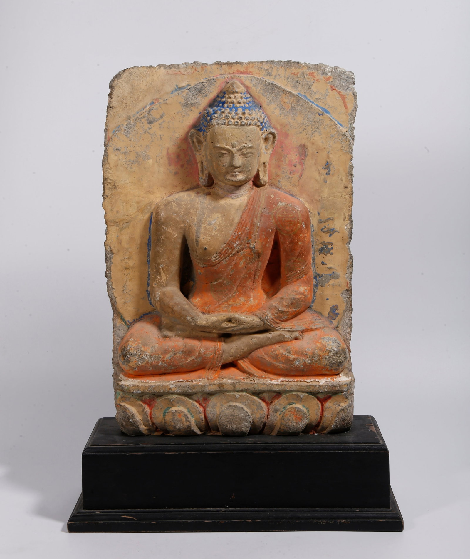 A PAINTED STONE AMITABHA BUDDHA STATUE: Painted Stone Amitabha Buddha Statue