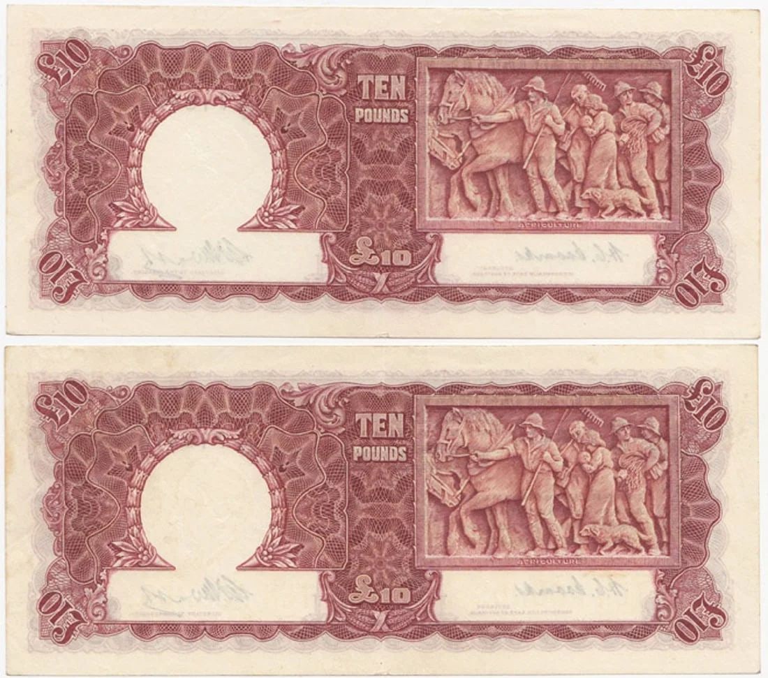 AUSTRALIA 'COOMBS - WATT' ?10'S (1949), GOOD EXTREMELY FINE OPQ (CONSECUTIVE PAIR): Australia 'Coombs - Watt' ?10's (1949), good Extremely Fine OPQ (Consecutive Pair)