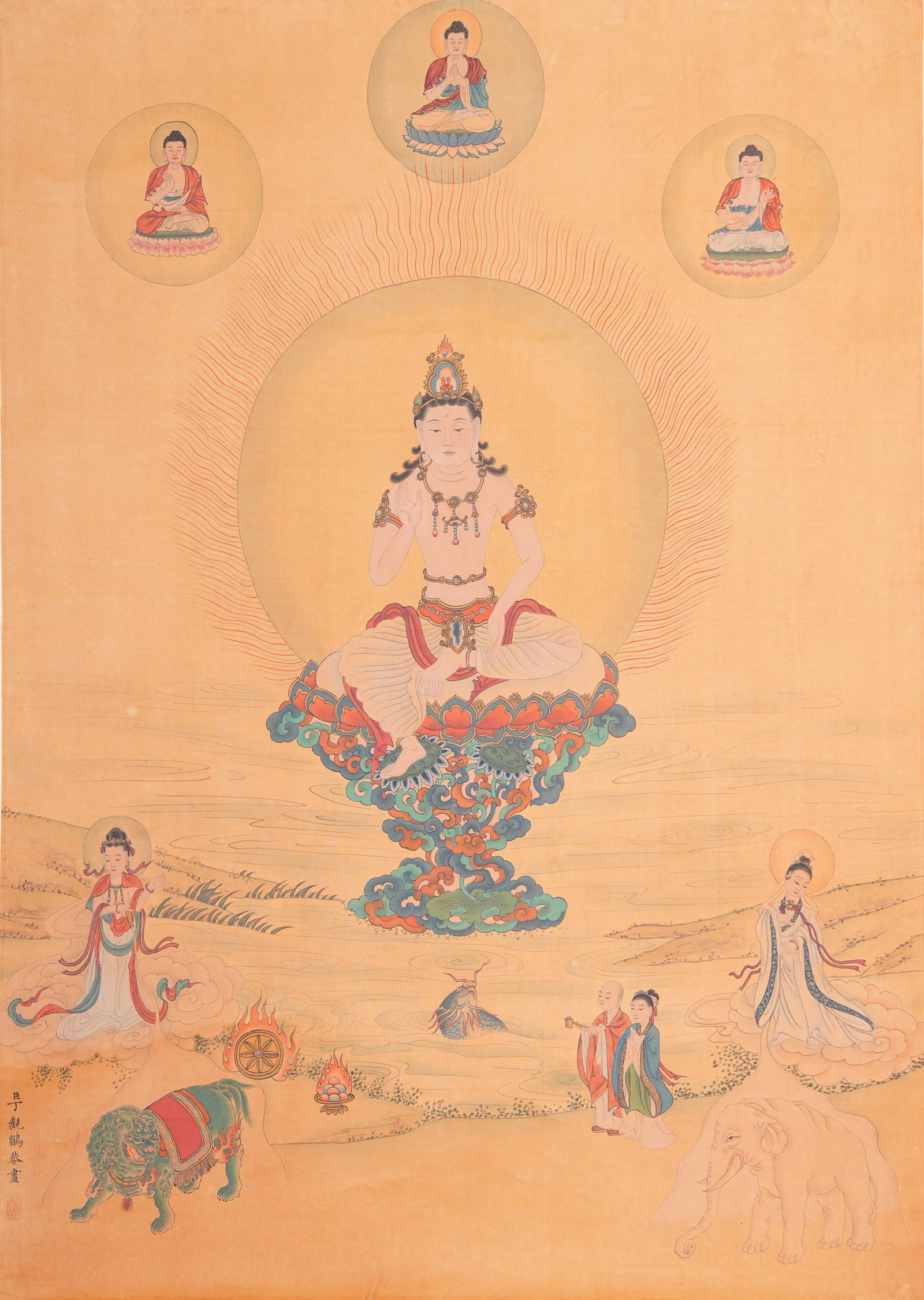 A BUDDHA PAINTING ON SILK BY DING GUANPENG.丁觀鵬: Buddha Painting on Silk by Ding Guanpeng.丁觀鵬