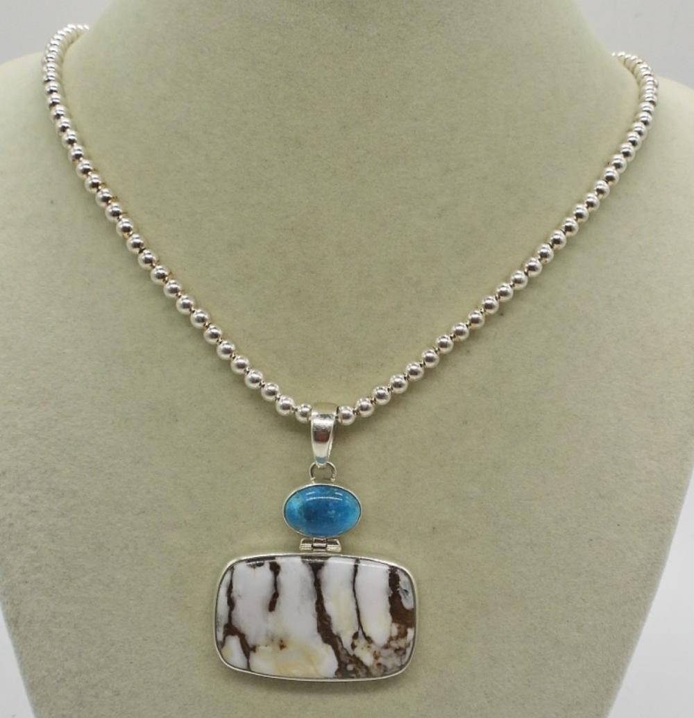 RARE WHITE HORSE JASPER&TURQUOISE 925 NECKLACE: RARE WHITE HORSE JASPER&TURQUOISE 925 NECKLACE