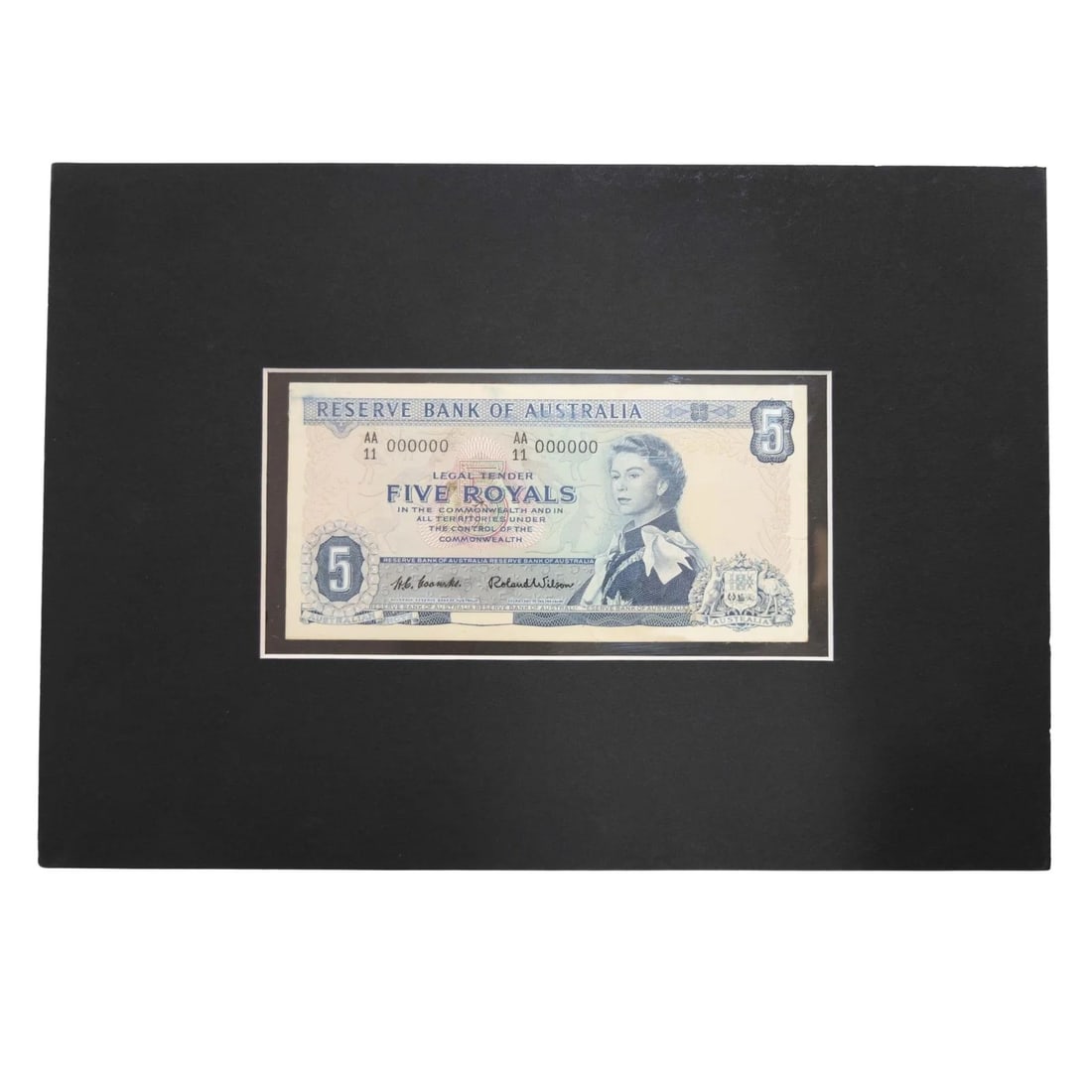 AUSTRALIA 'COOMBS - WILSON' RESERVE BANK OF AUSTRALIA '5 ROYALS' OBV COLOUR TRIAL, (1963) EF DETAIL: Australia 'Coombs - Wilson' Reserve Bank of Australia '5 Royals' Obv Colour Trial, (1963) EF detail