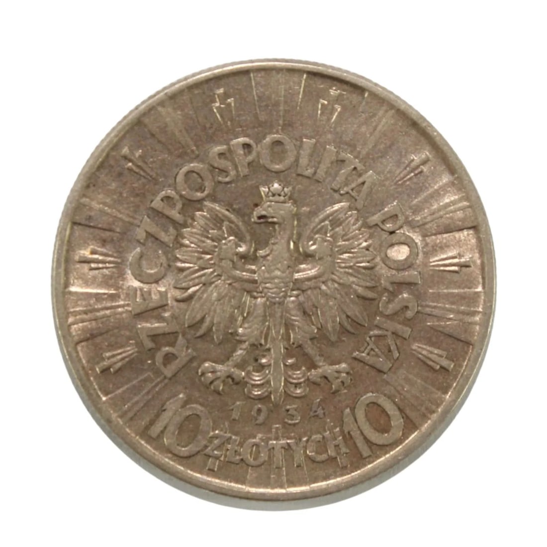 POLAND 1934 SILVER (750) 10 Z-OTYCH, ABOUT UNCIRCULATED: Poland 1934 Silver (750) 10 Z-otych, about Uncirculated