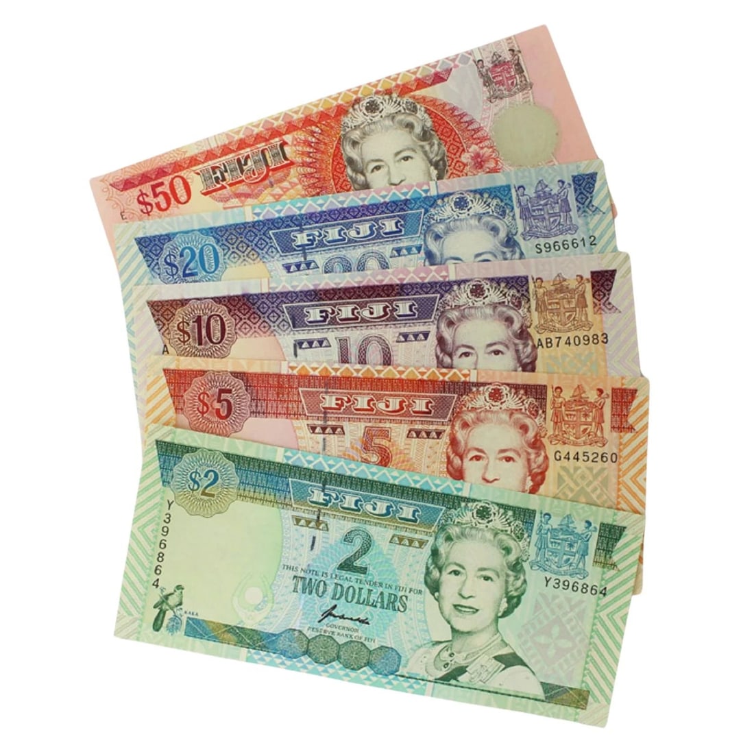 FIJI $2, $5, $10, $20 & $50 (1995-96), UNCIRCULATED OPQ (MATCHED SIGNATURE SET OF 5): Fiji $2, $5, $10, $20 & $50 (1995-96), Uncirculated OPQ (Matched signature Set of 5)