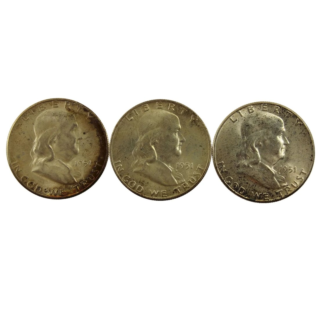 U.S.A. 1951, 1951 D & 1951 S 'FRANKLIN' SILVER (900) HALF DOLLARS, CHOICE UNCIRCULATED (3 COINS) (1 of 2)