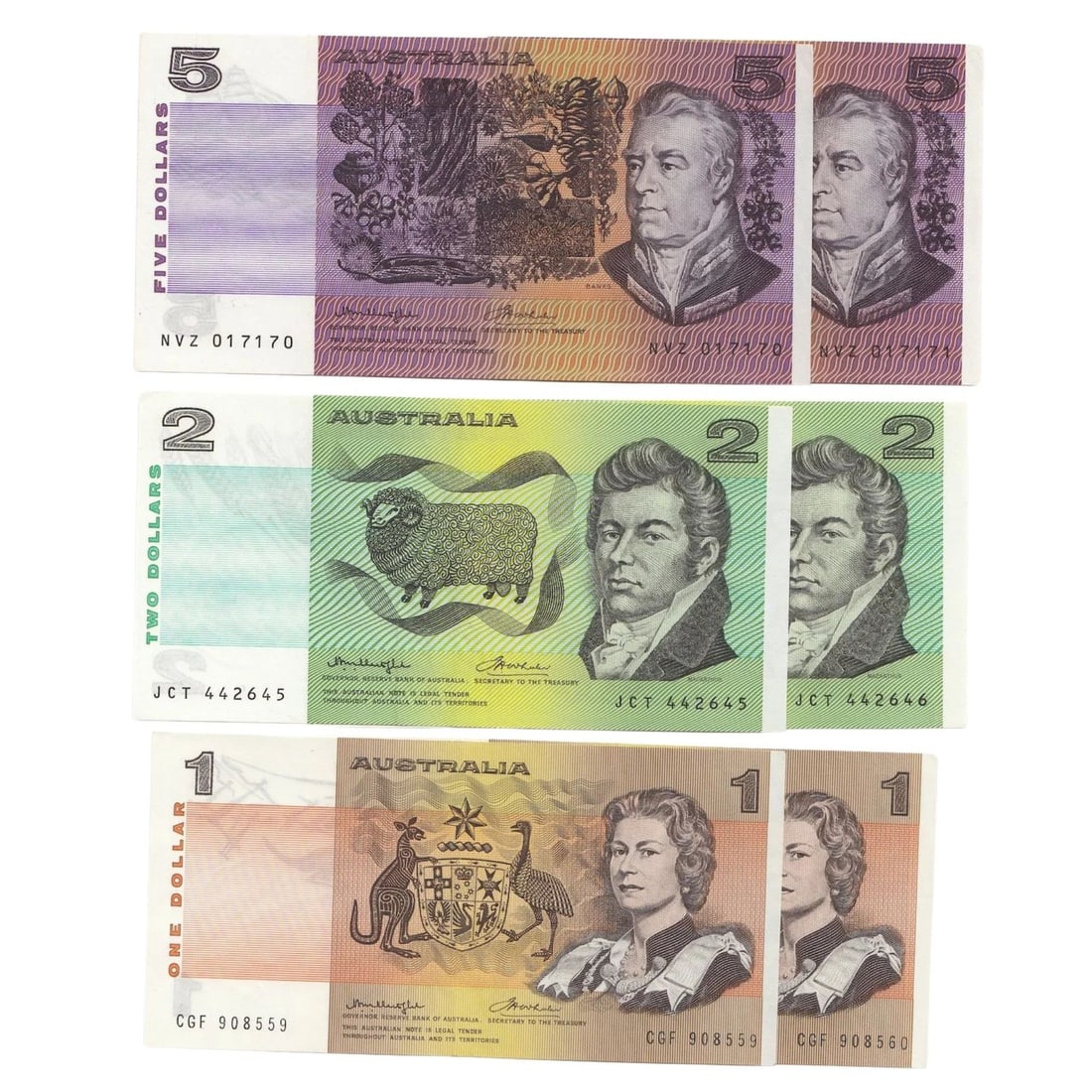 AUSTRALIA 'KNIGHT - WHEELER' $1, $2 & $5 (1976), VIRTUALLY UNCIRCULATED OPQ (6) (1 of 1)