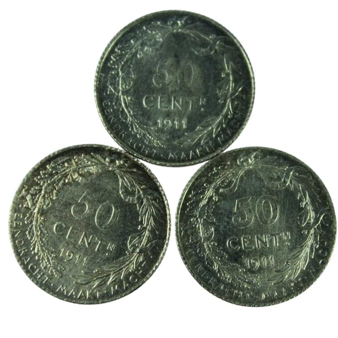 BELGIUM 1911 SILVER (835) 50 CENTIMES, UNCIRCULATED (3 COINS): Belgium 1911 Silver (835) 50 Centimes, Uncirculated (3 Coins)