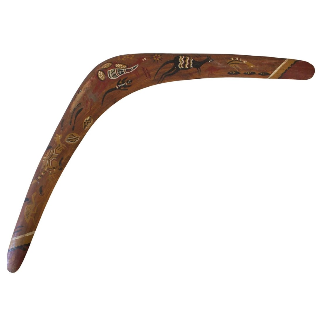 ABORIGINAL TRANSITIONAL BOOMERANG WITH PAINTED DESIGN OF KANGAROOS & EMUS (1 of 2)