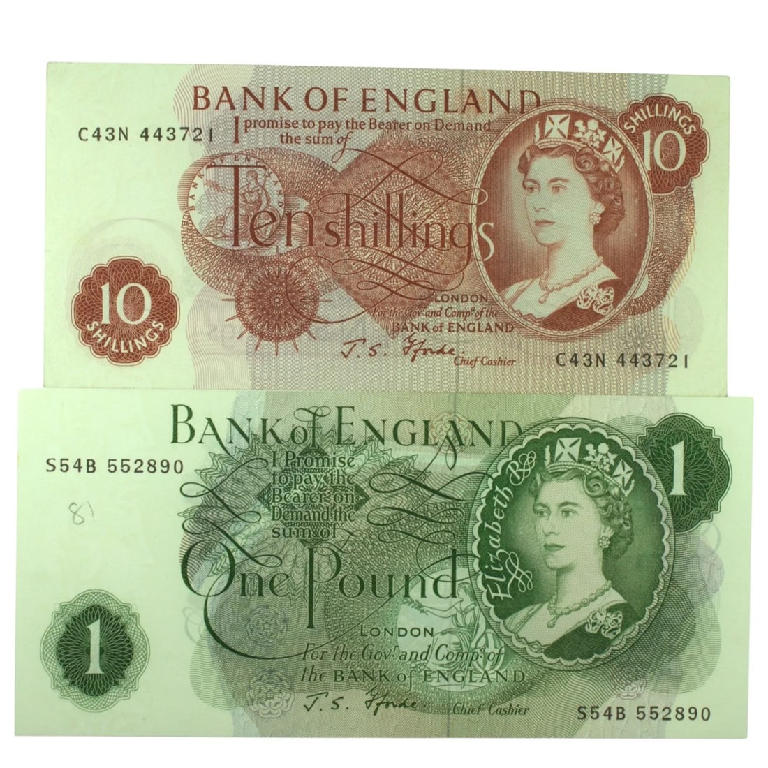 GREAT BRITAIN 'FORDE' 10/- & -1 (1966-70). ABOUT EXTREMELY FINE OR BETTER OPQ (2 NOTES) (1 of 2)